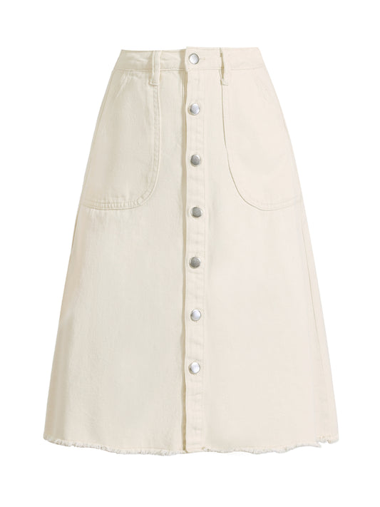Women's Denim Skirts Raw Hem Button Down Midi Jeans Skirt