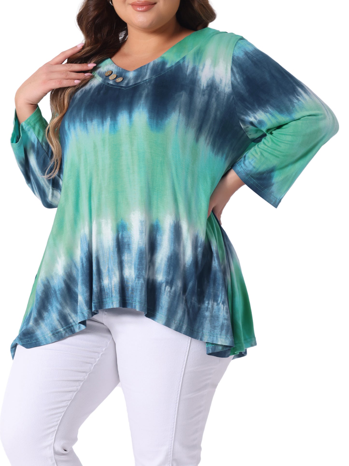 Women Plus Size Tops V Neck Elbow 3/4 Sleeve Loose Fit Casual Tee Tie Dye T-Shirts