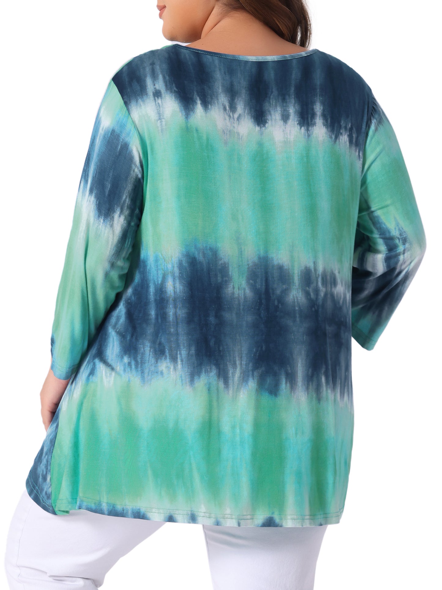 Women Plus Size Tops V Neck Elbow 3/4 Sleeve Loose Fit Casual Tee Tie Dye T-Shirts