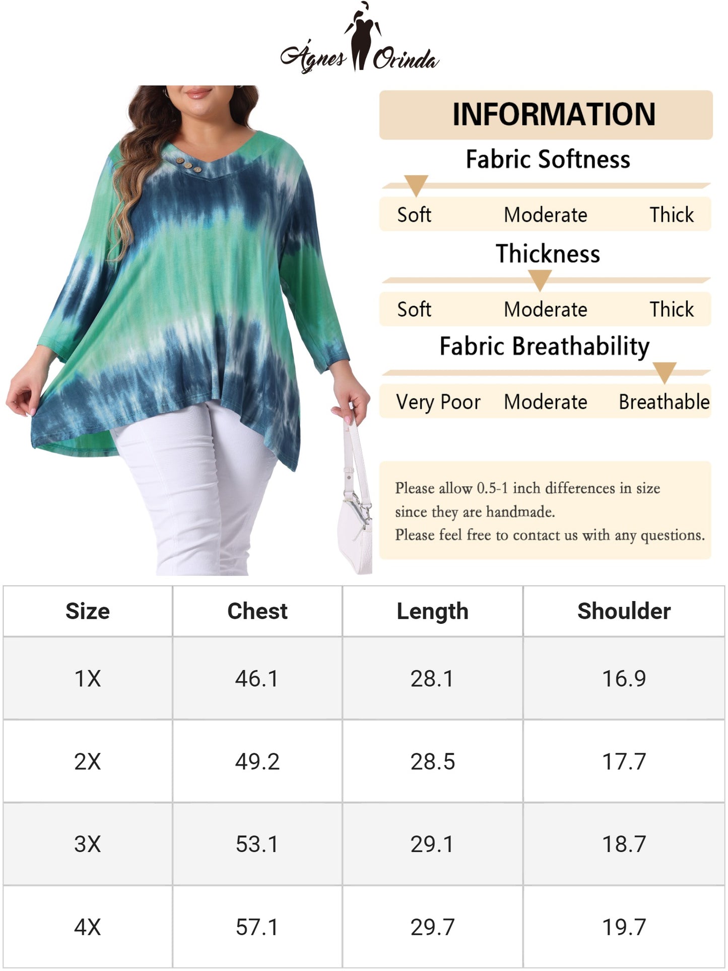 Women Plus Size Tops V Neck Elbow 3/4 Sleeve Loose Fit Casual Tee Tie Dye T-Shirts
