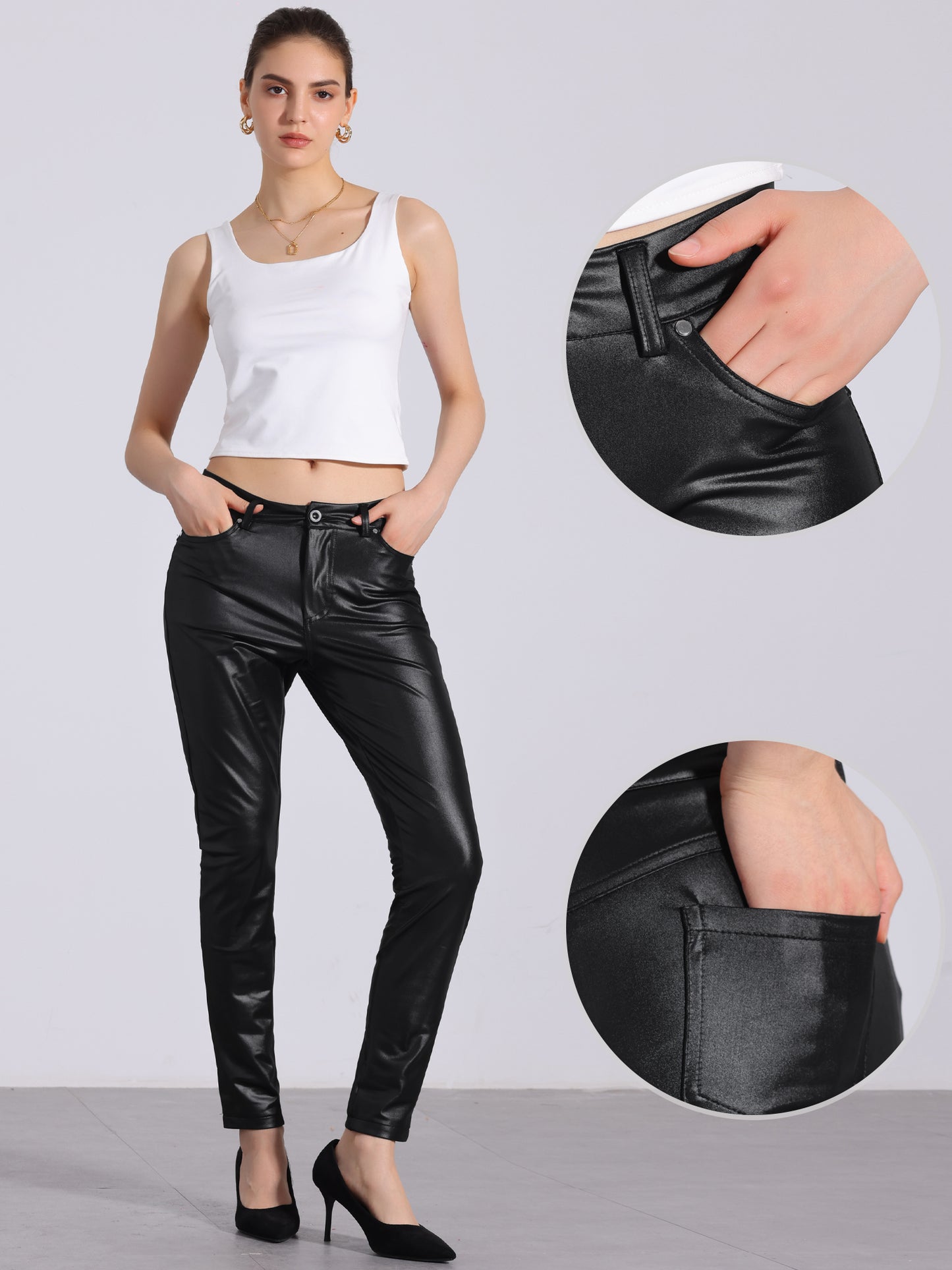 Women's Faux Leather Pants High Waist Stretch Slim Fit Motorcycle Legging Pants