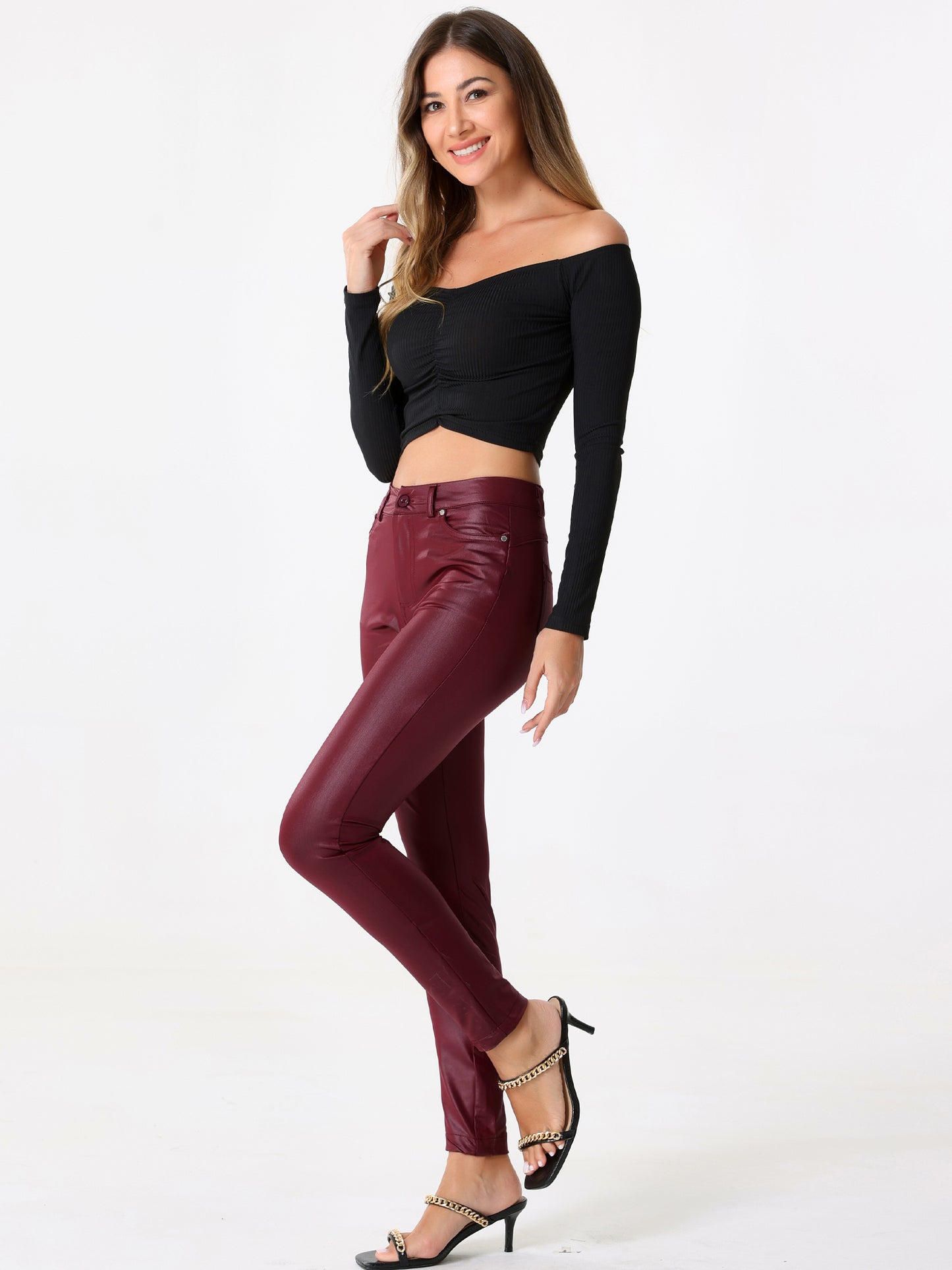 Women's Faux Leather Pants High Waist Stretch Slim Fit Motorcycle Legging Pants