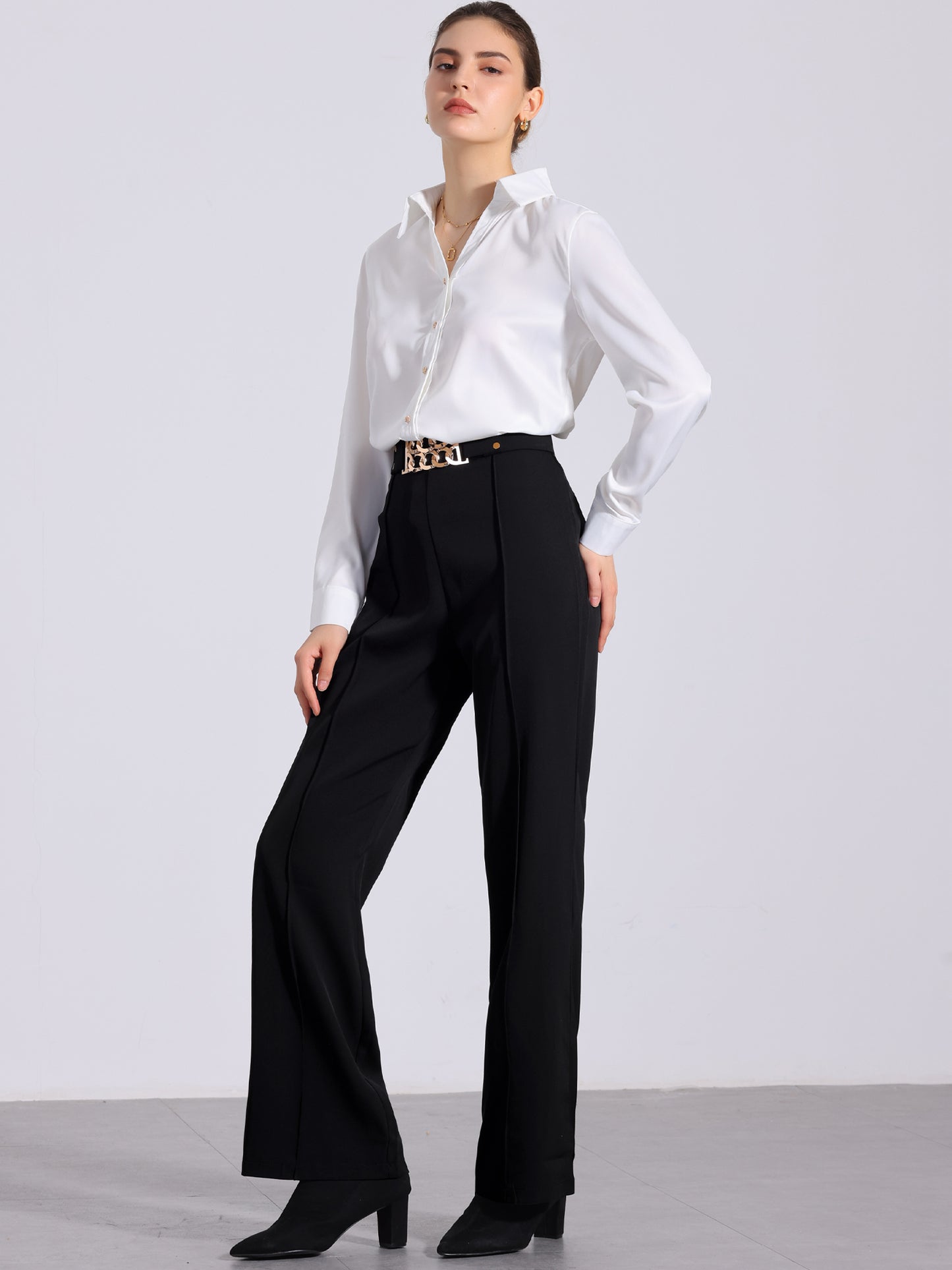 Pantalones casuales de oficina de cintura alta con pliegues y pierna recta para mujer