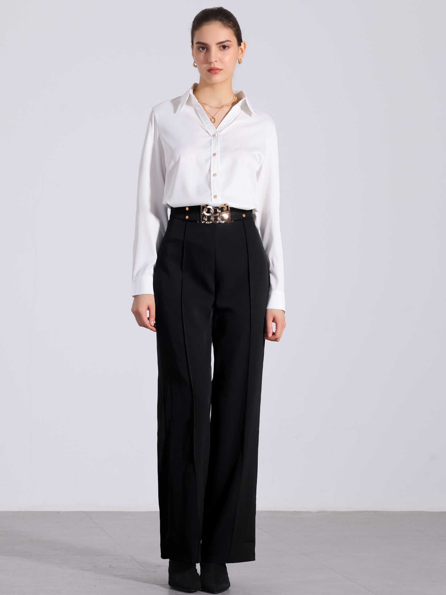 Pantalones casuales de oficina de cintura alta con pliegues y pierna recta para mujer