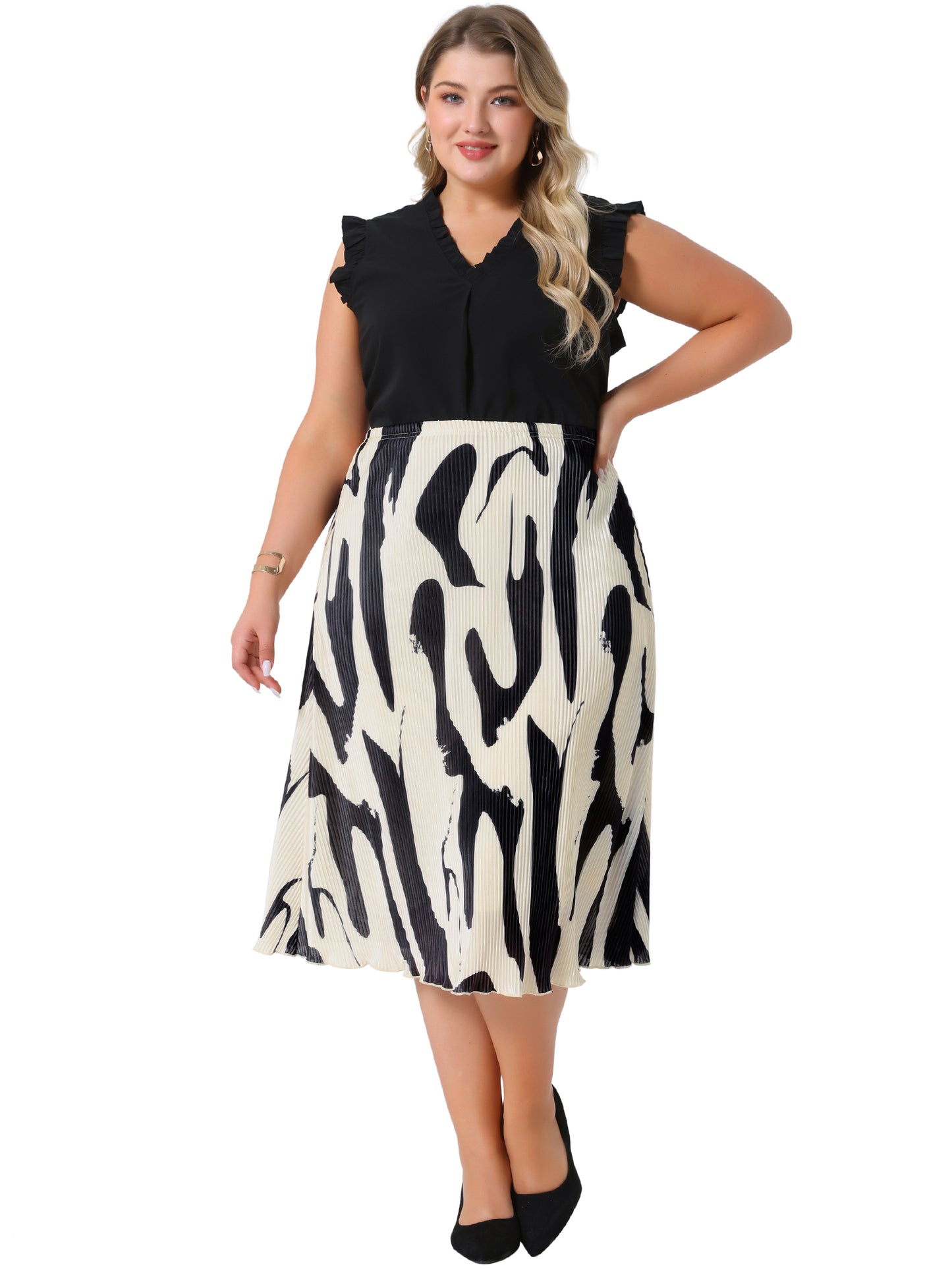 Faldas de talla grande para mujer, de verano, con estampado plisado, cintura alta, informal, de negocios, de corte A, midi