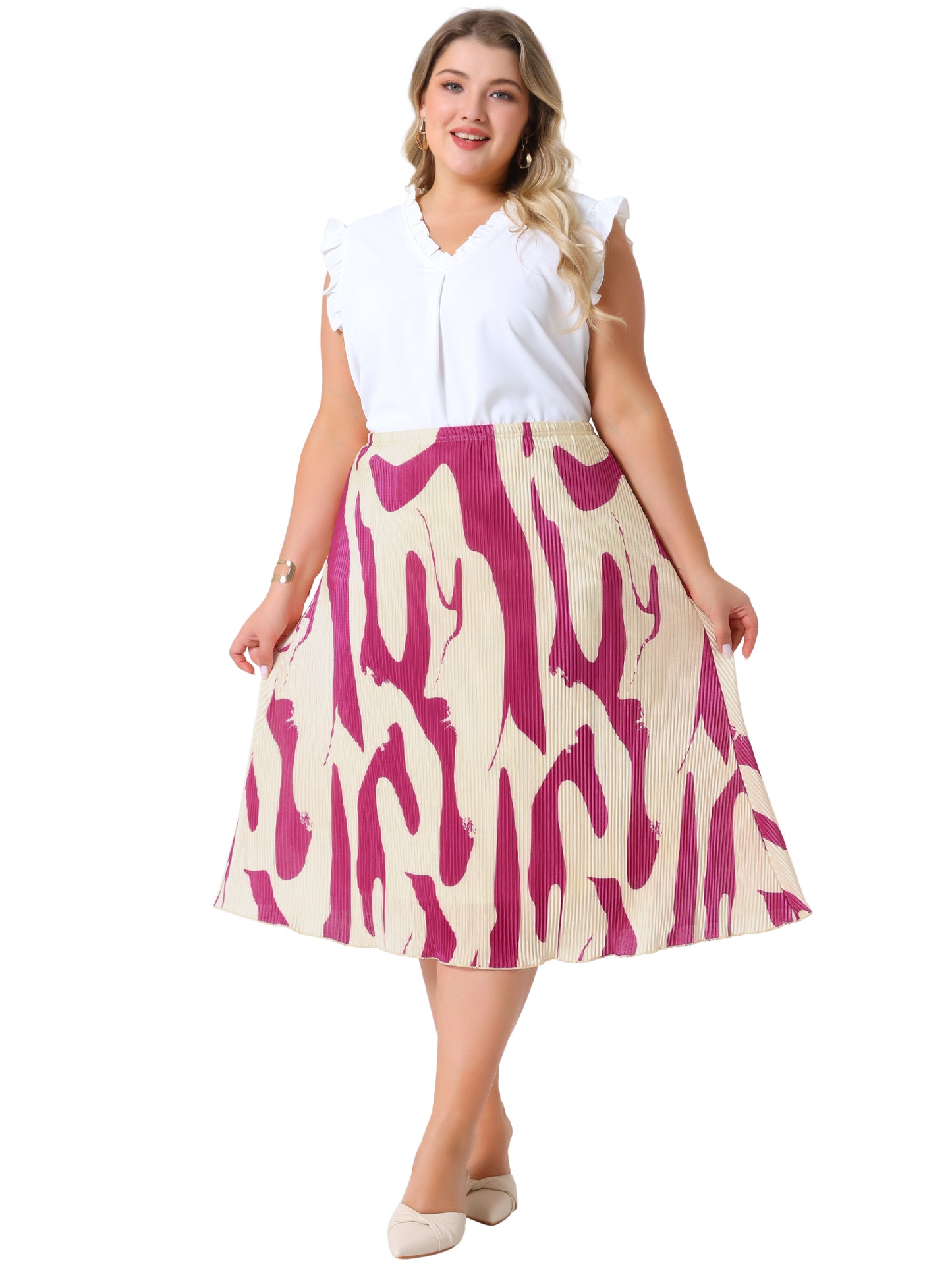 Faldas de talla grande para mujer, de verano, con estampado plisado, cintura alta, informal, de negocios, de corte A, midi