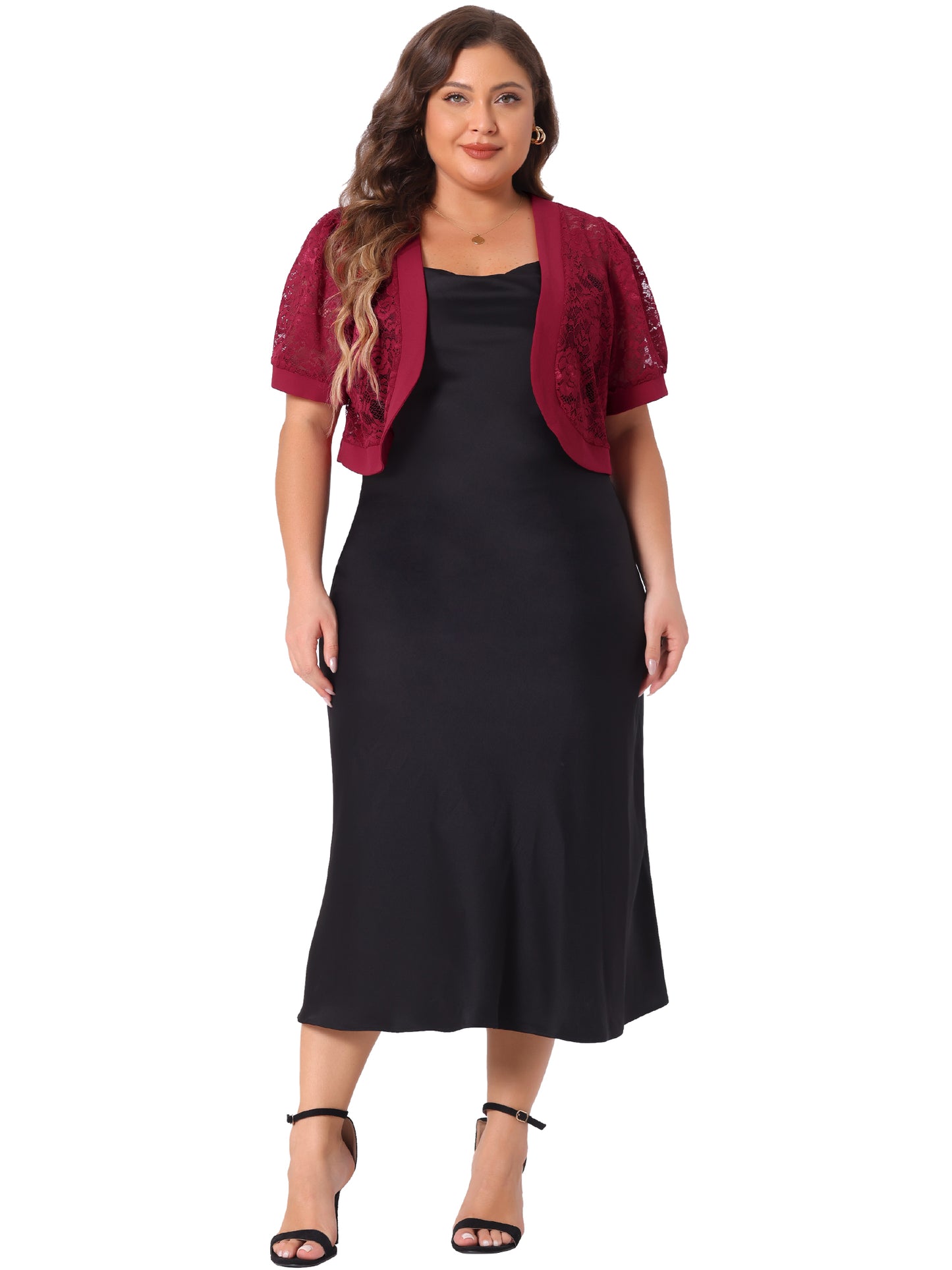 Women Plus Size Short Sleeve Sheer Floral Lace Bolero Shrugs Open Front Cropped Cardigans