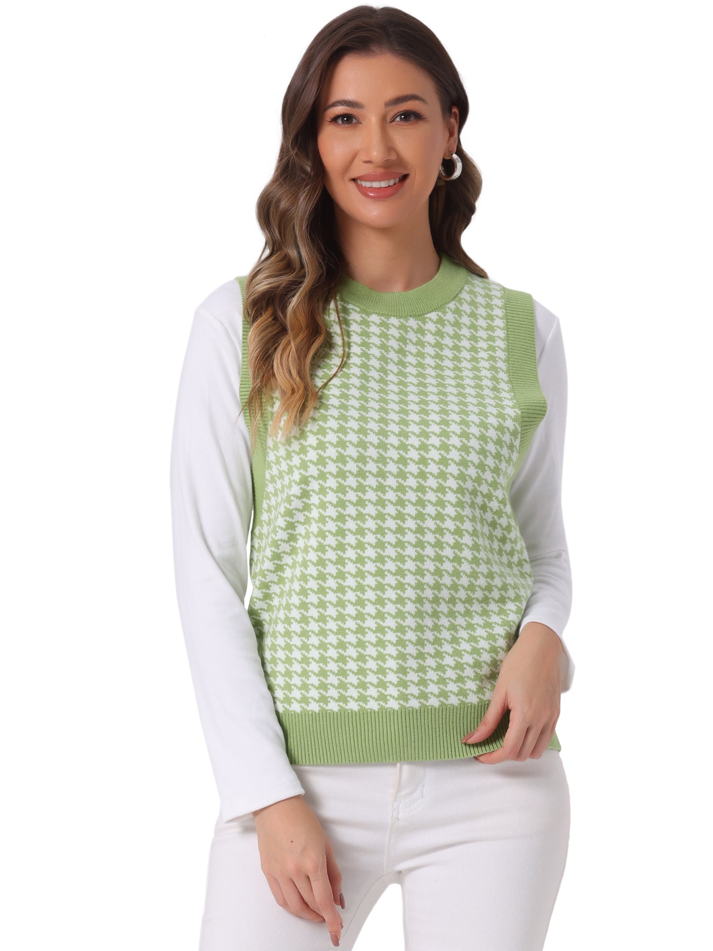 Women's Round Neck Vest Sleeveless Houndstooth Plaid Knitted Sweater