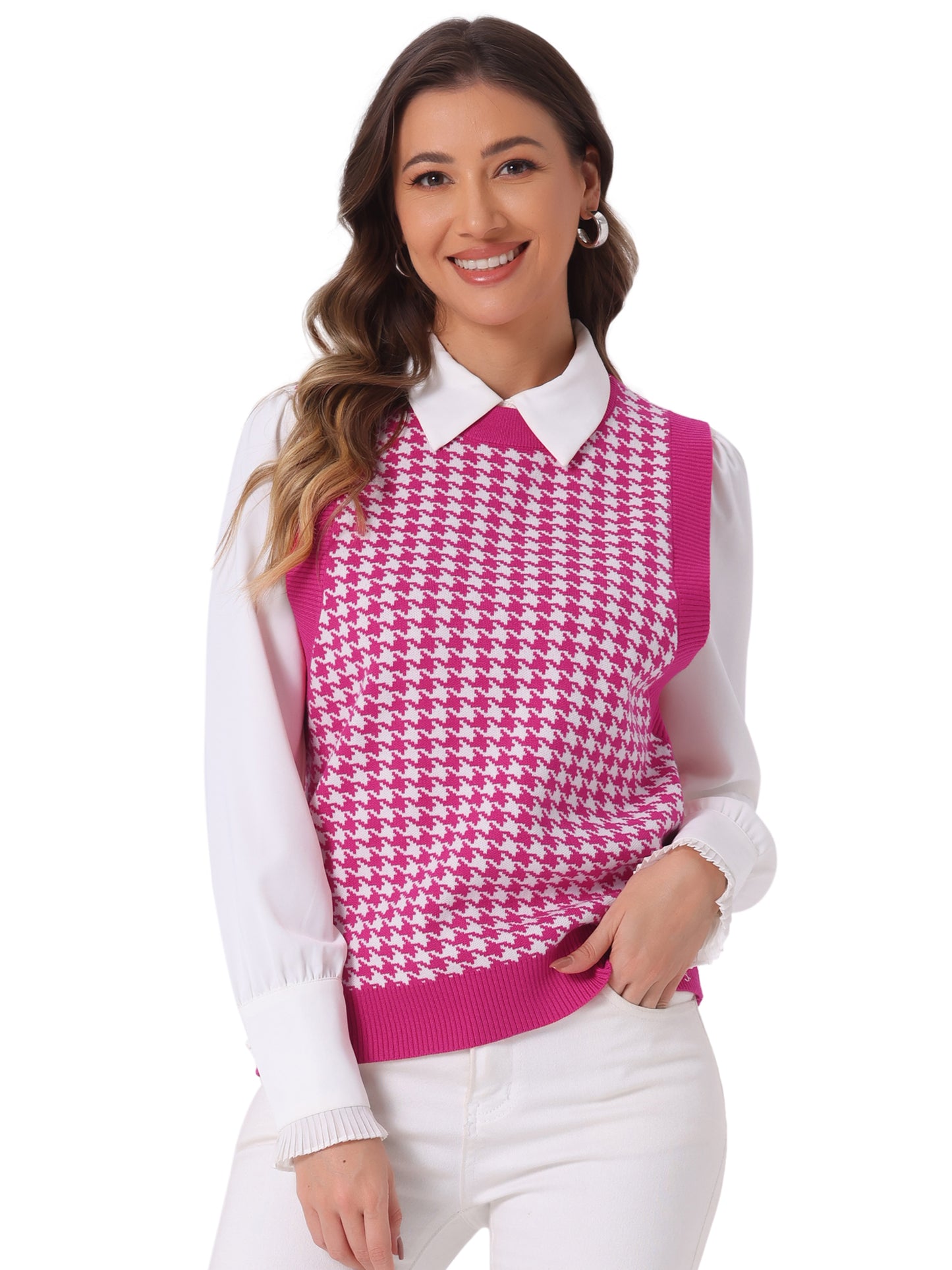 Women's Round Neck Vest Sleeveless Houndstooth Plaid Knitted Sweater