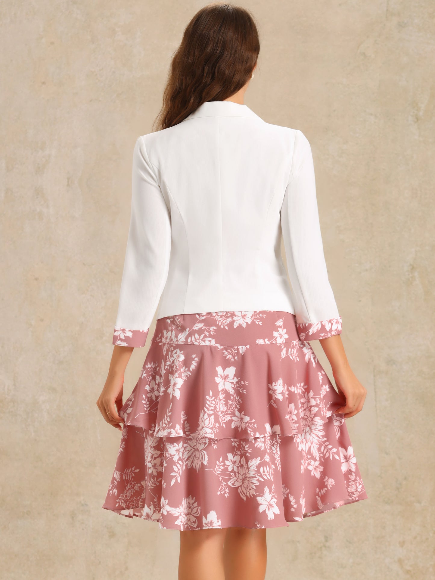 Women's Dress Suit Set Chiffon V Neck Floral Print Dress Contrast Panel Work Blazer