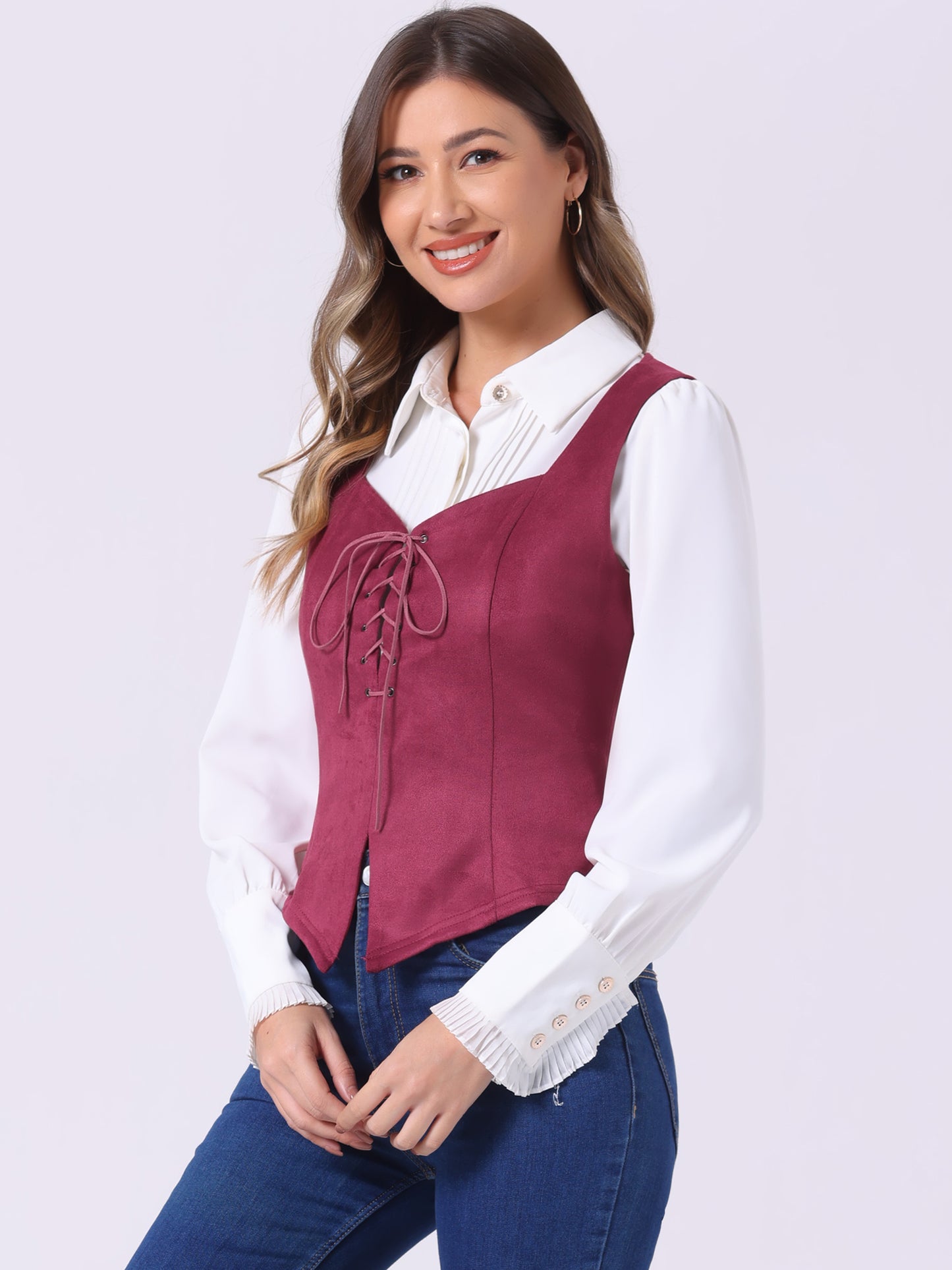 Women's Vintage Faux Suede Vest Sweetheart Neck Sleeveless Lace Up Waistcoat