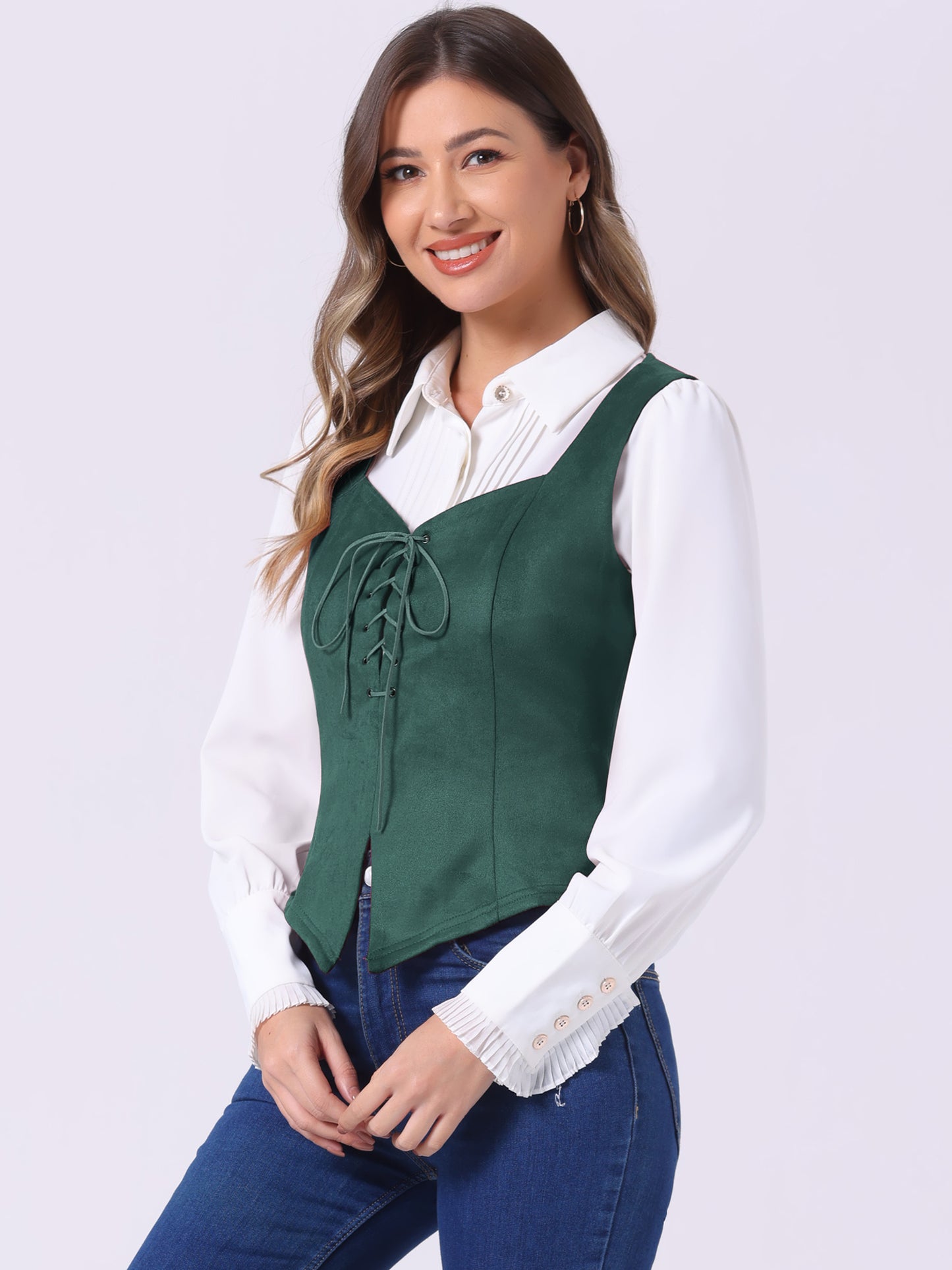 Women's Vintage Faux Suede Vest Sweetheart Neck Sleeveless Lace Up Waistcoat