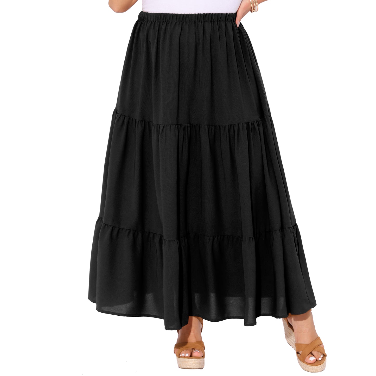Women's Plus Size Swing Maxi Skirt Elastic High Waist Boho Flowy Casual Aline Long Beach Skirts