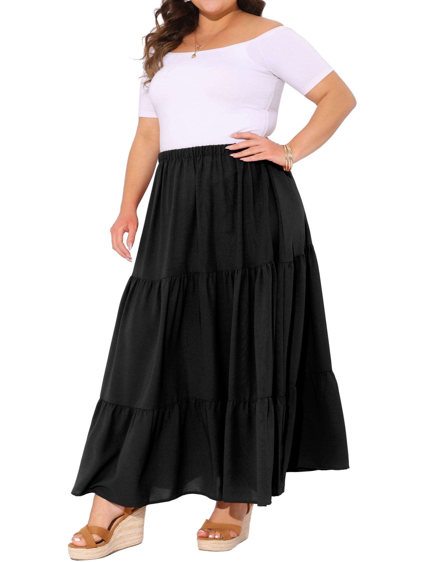 Women's Plus Size Swing Maxi Skirt Elastic High Waist Boho Flowy Casual Aline Long Beach Skirts
