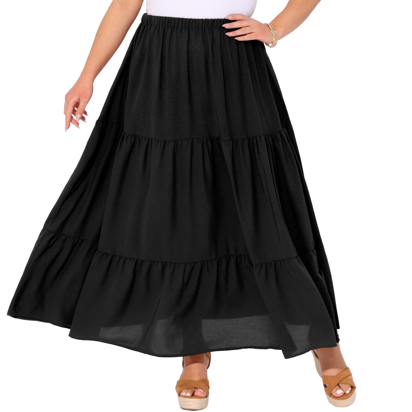 Women's Plus Size Swing Maxi Skirt Elastic High Waist Boho Flowy Casual Aline Long Beach Skirts