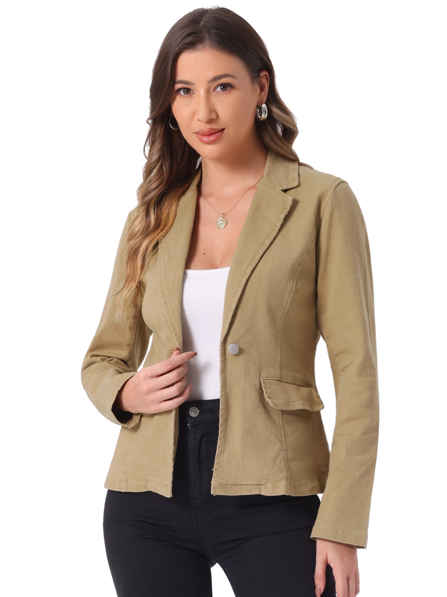 Women's Notched Lapel One Button Long Sleeve Washed Denim Blazer (Available in Plus Size)