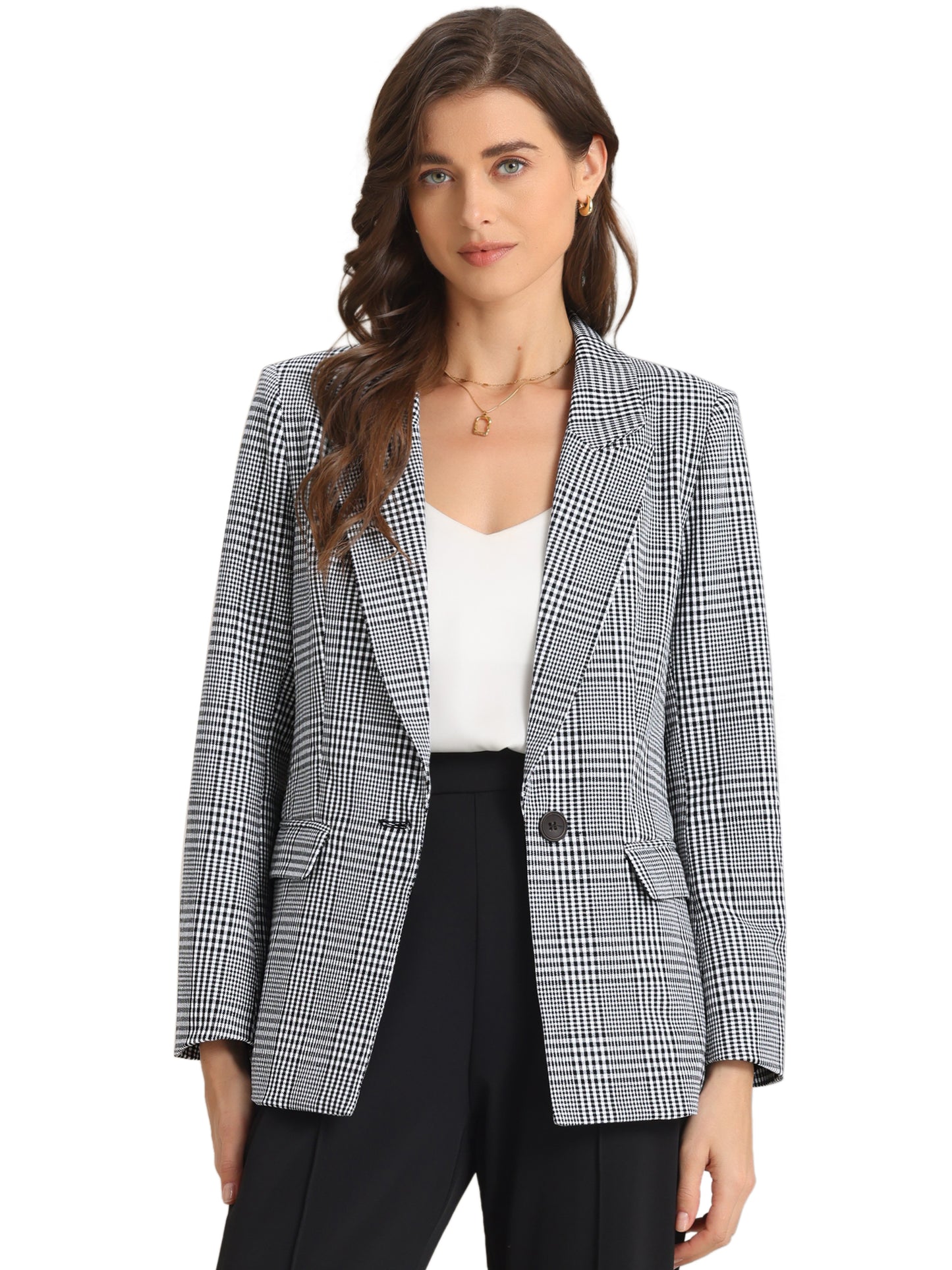 Women's Notched Lapel One Button Plaid Blazer Suit Jacket