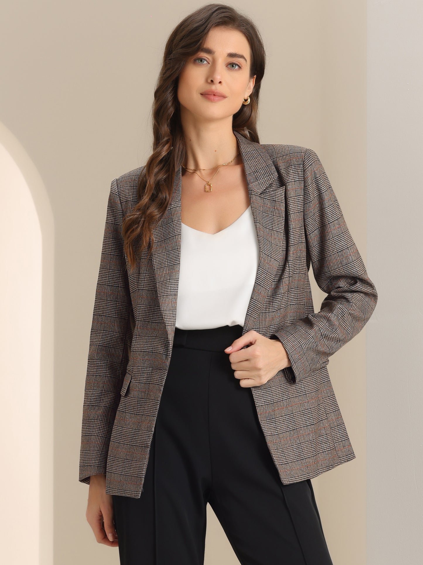 Women's Notched Lapel One Button Plaid Blazer Suit Jacket