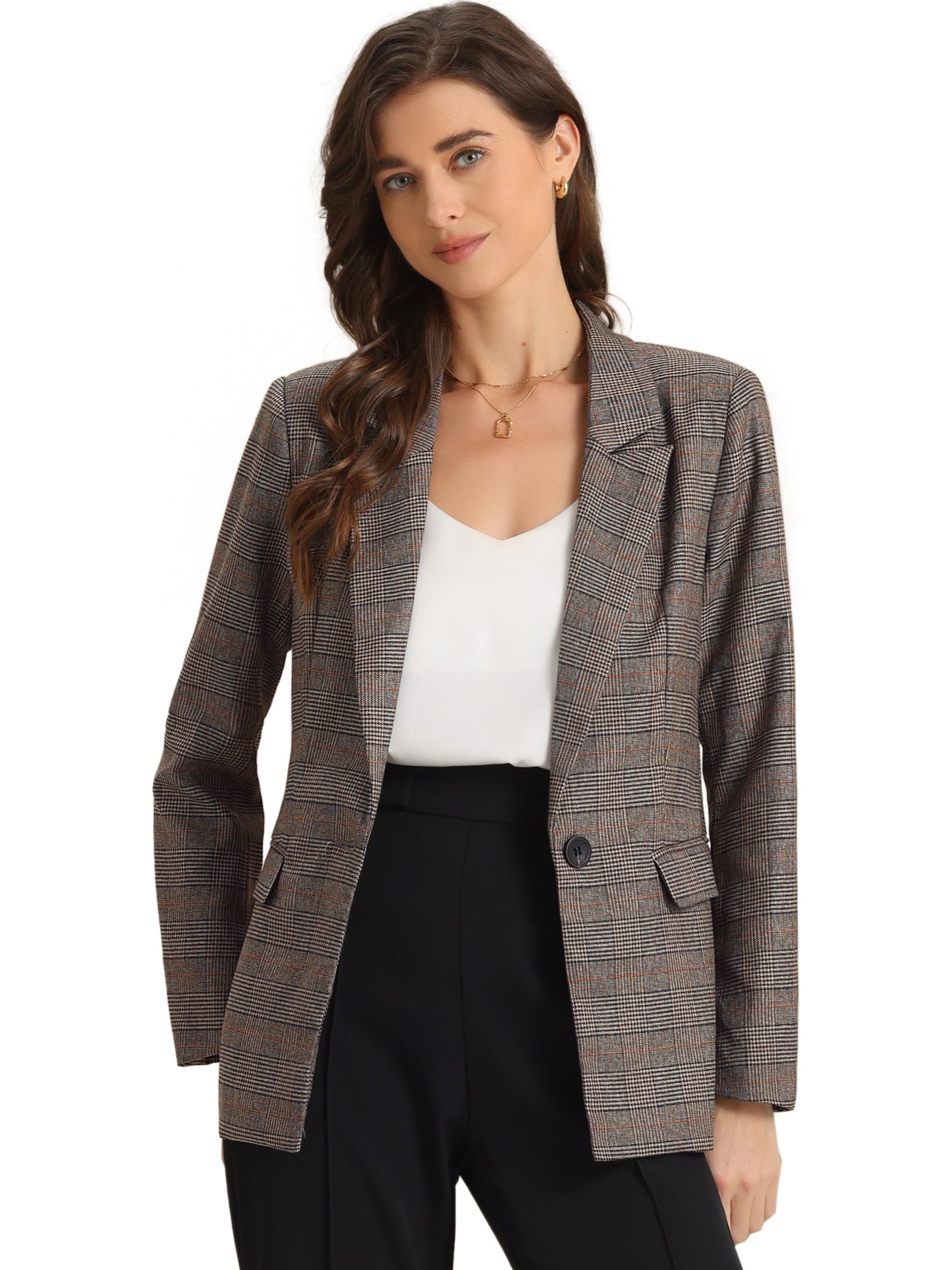 Women's Notched Lapel One Button Plaid Blazer Suit Jacket