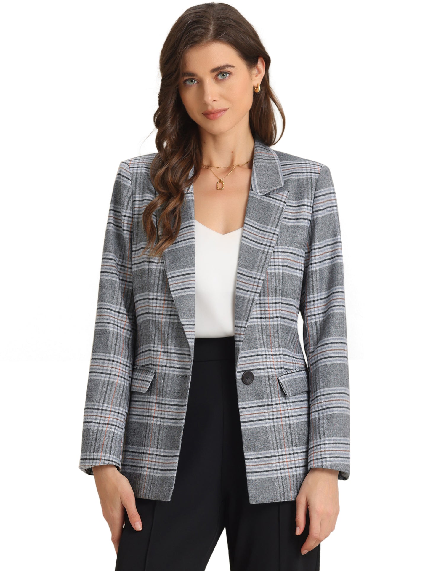 Women's Notched Lapel One Button Plaid Blazer Suit Jacket