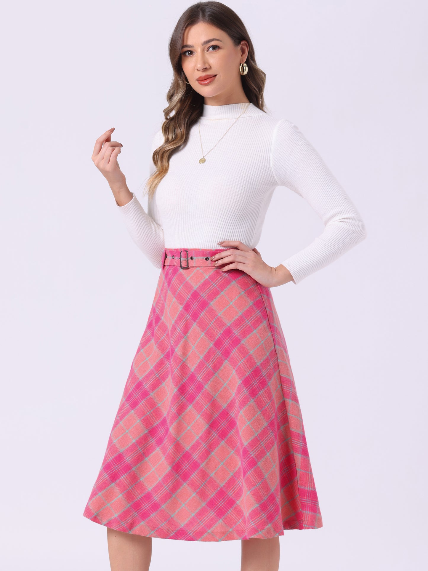 Falda midi vintage de corte A con cintura alta y cinturón para mujer con cuadros escoceses