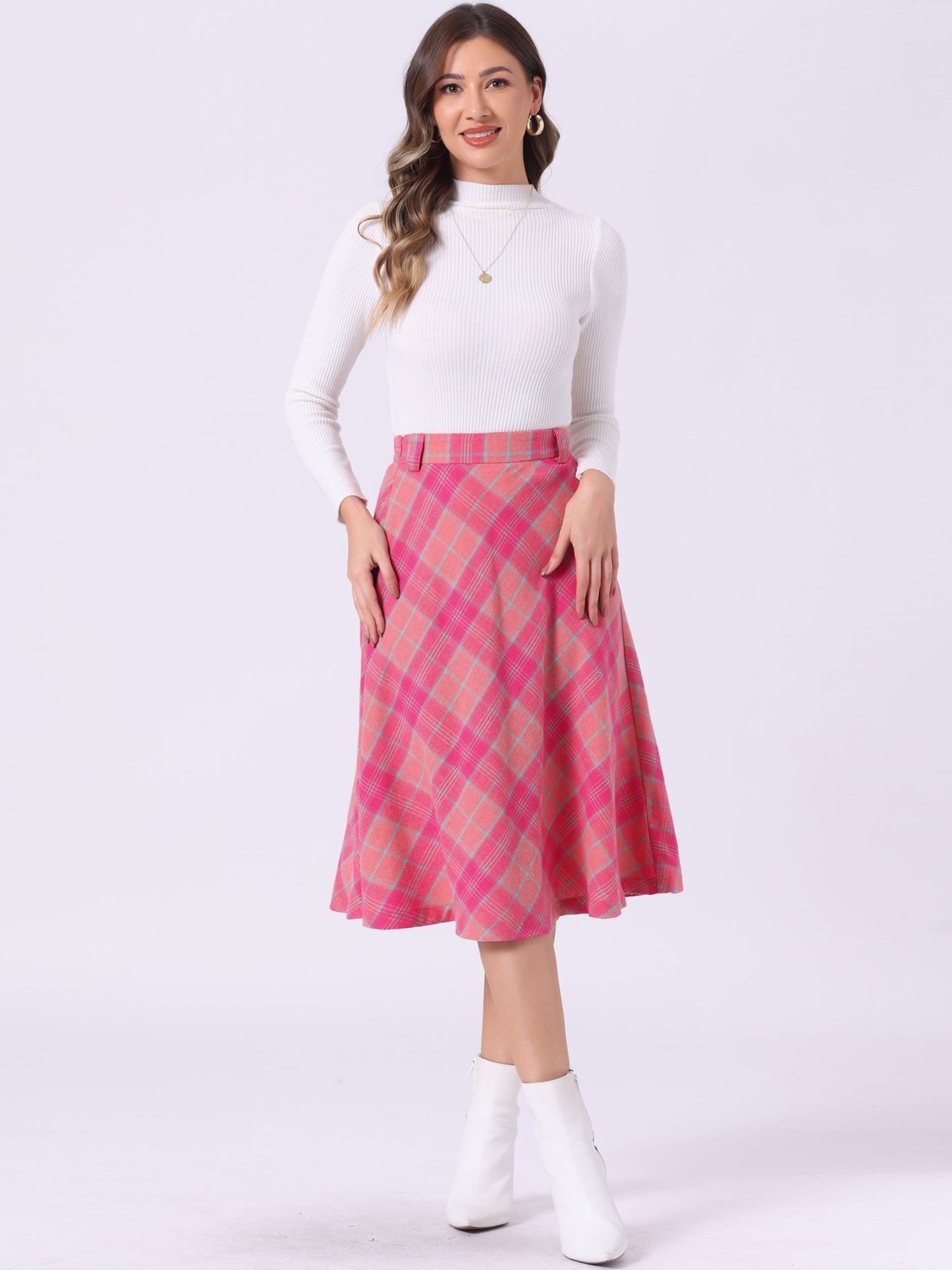Falda midi vintage de corte A con cintura alta y cinturón para mujer con cuadros escoceses