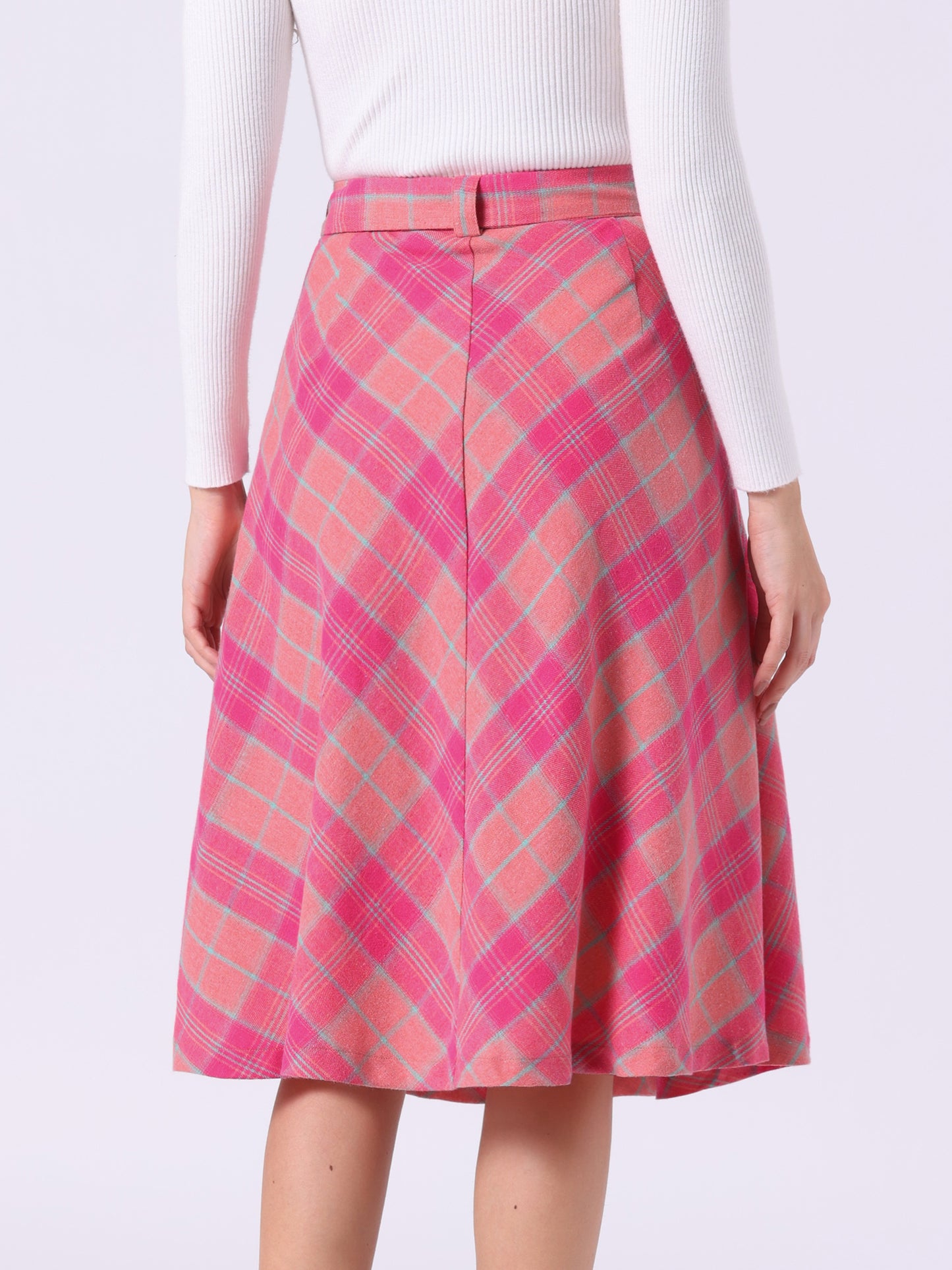 Falda midi vintage de corte A con cintura alta y cinturón para mujer con cuadros escoceses