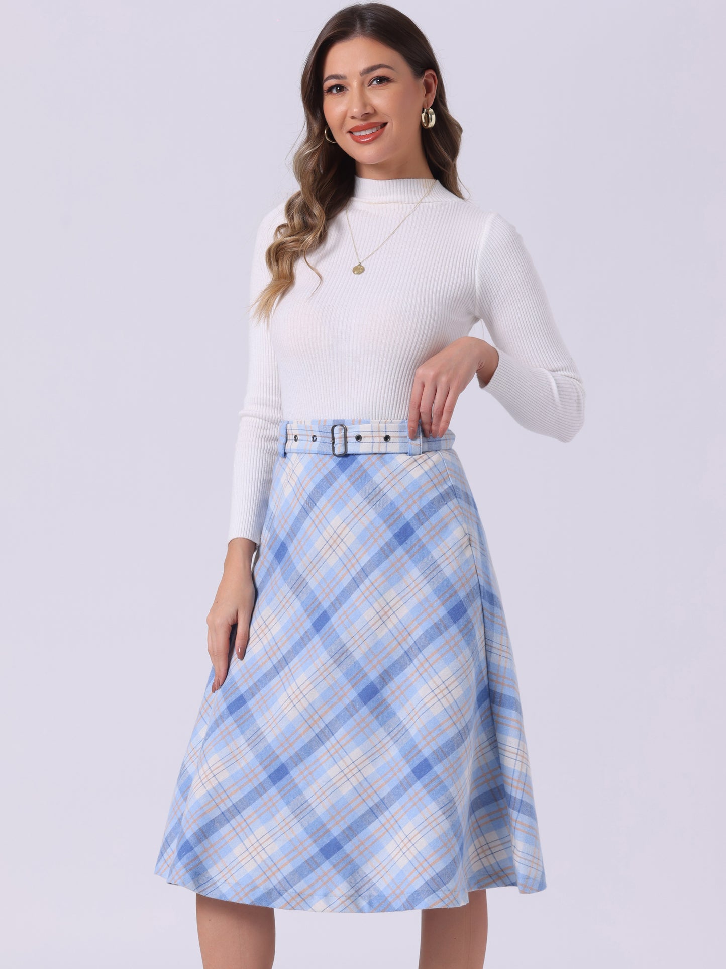 Women's Tartan Plaid High Waist Belted Vintage A-Line Midi Skirt