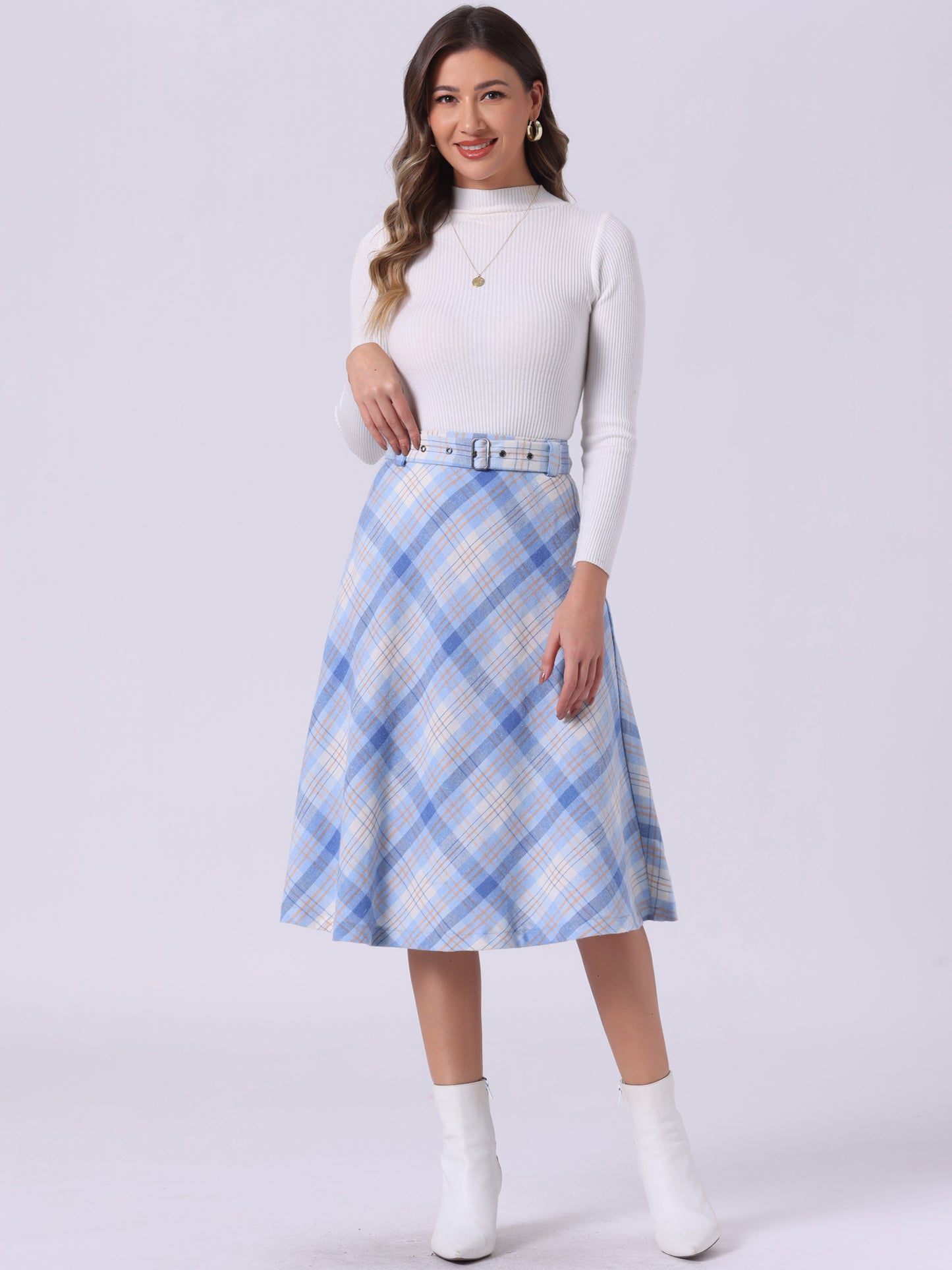 Women's Tartan Plaid High Waist Belted Vintage A-Line Midi Skirt