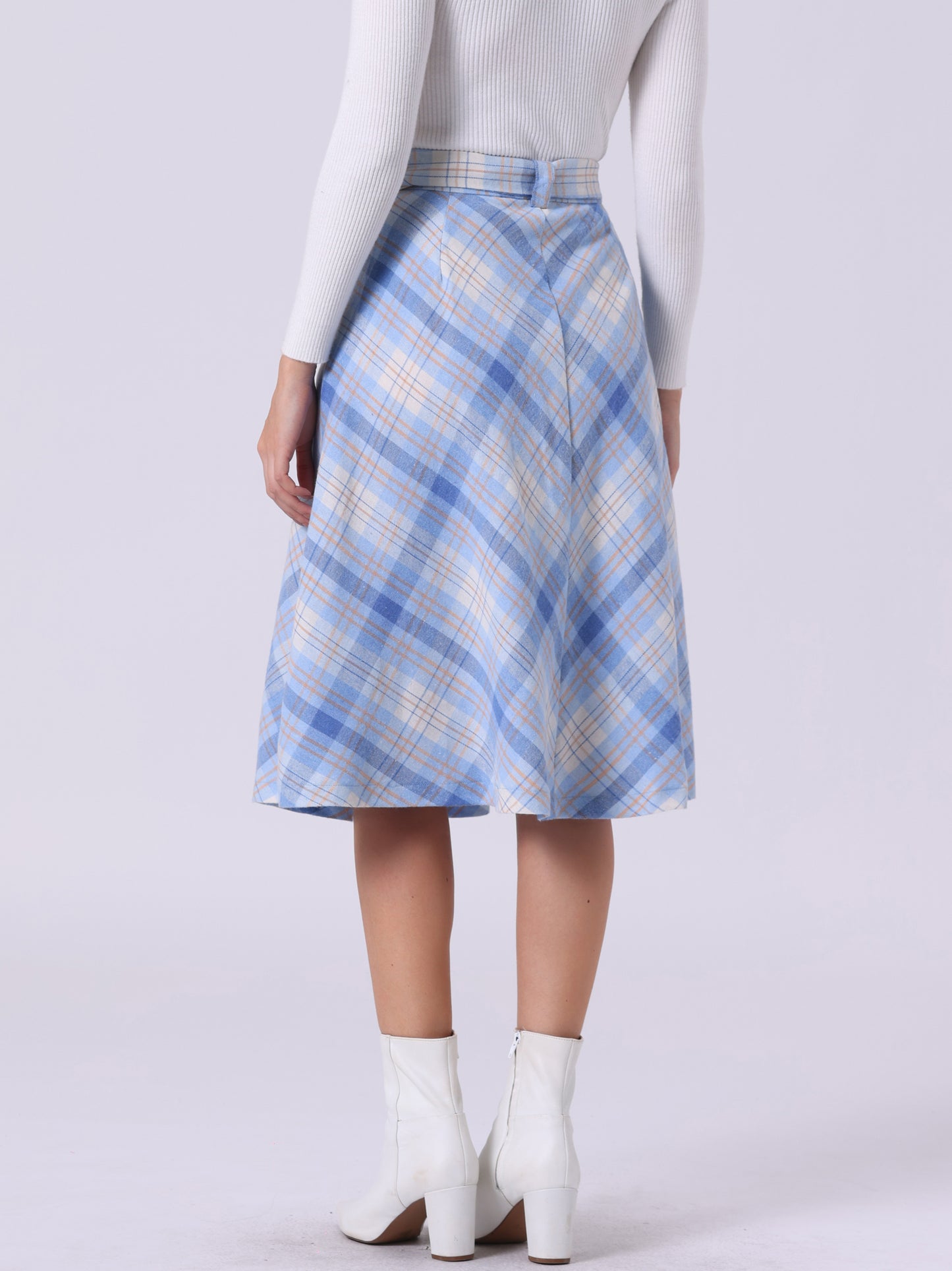 Women's Tartan Plaid High Waist Belted Vintage A-Line Midi Skirt