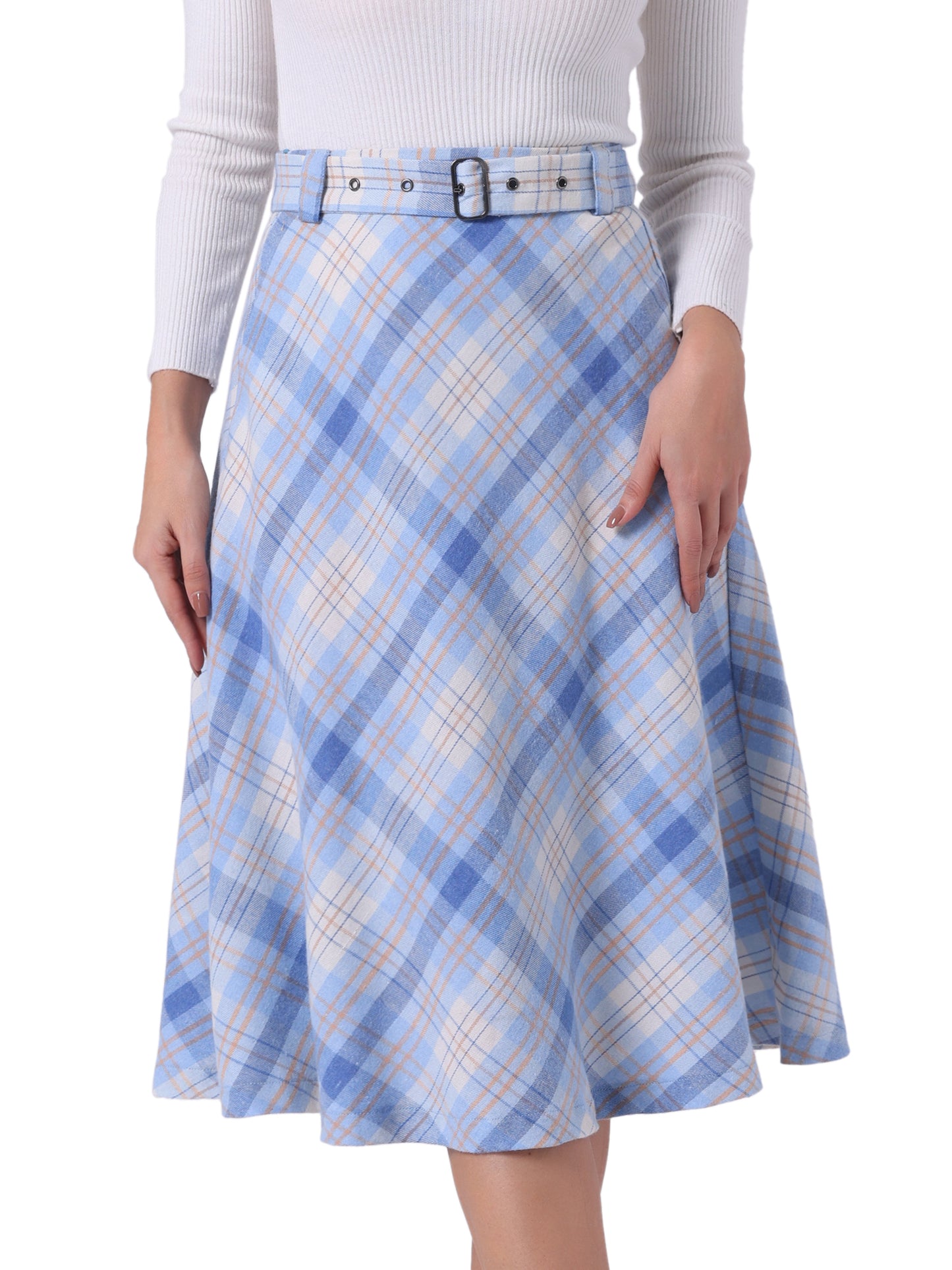 Women's Tartan Plaid High Waist Belted Vintage A-Line Midi Skirt