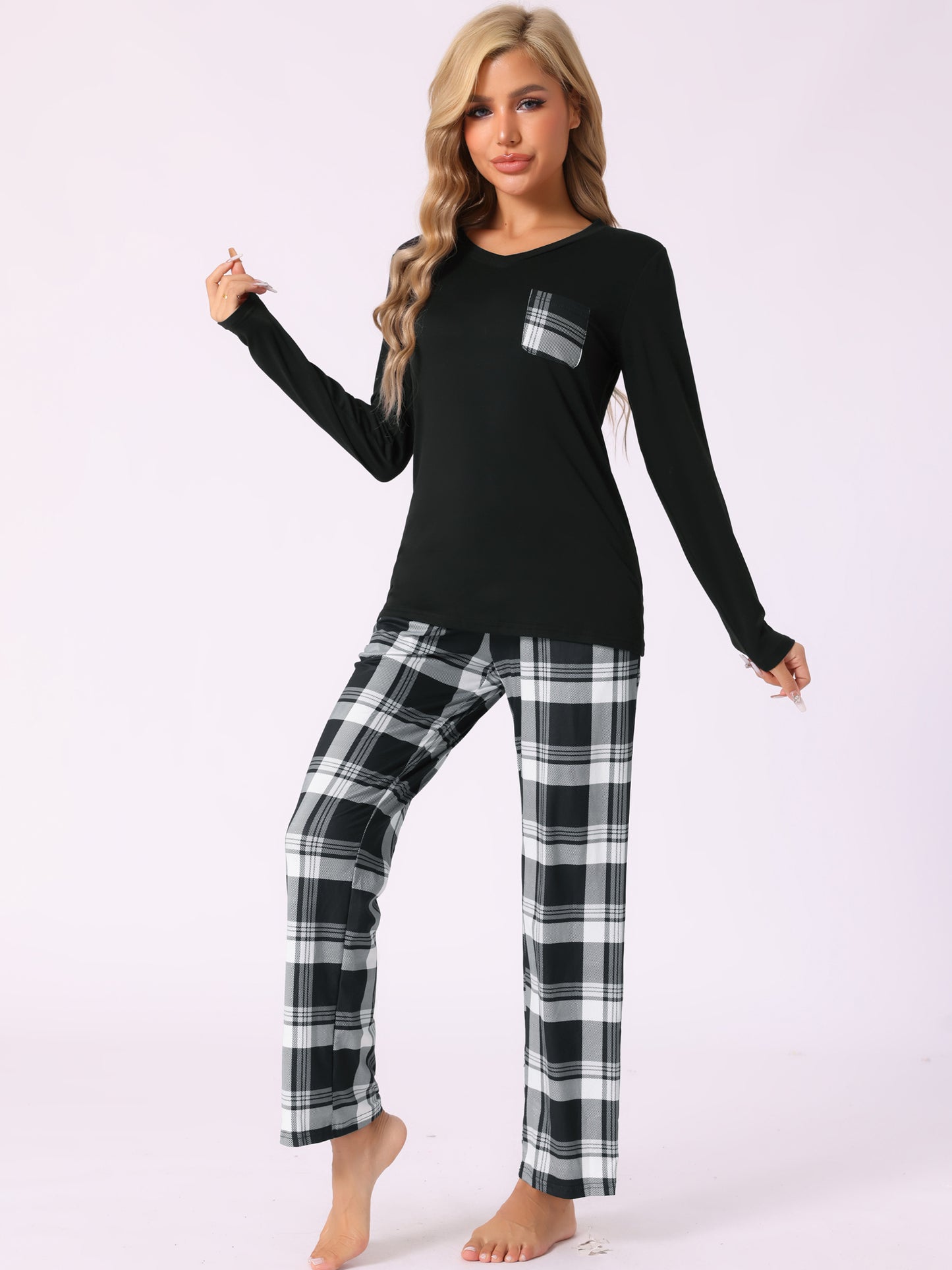Ensemble pyjama à manches longues et carreaux pour femme, avec poches