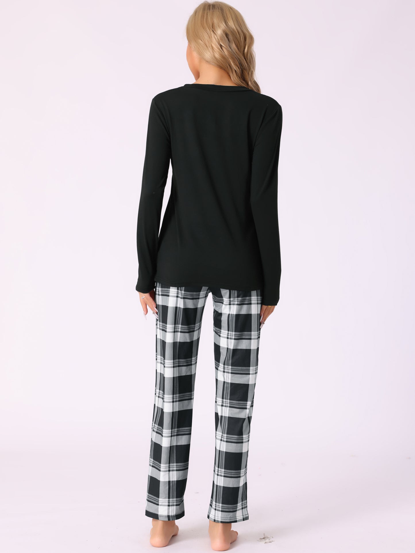Ensemble pyjama à manches longues et carreaux pour femme, avec poches