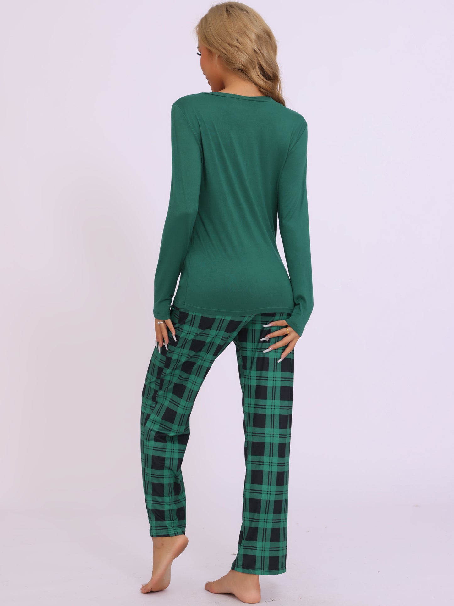 Ensemble pyjama à manches longues et carreaux pour femme, avec poches