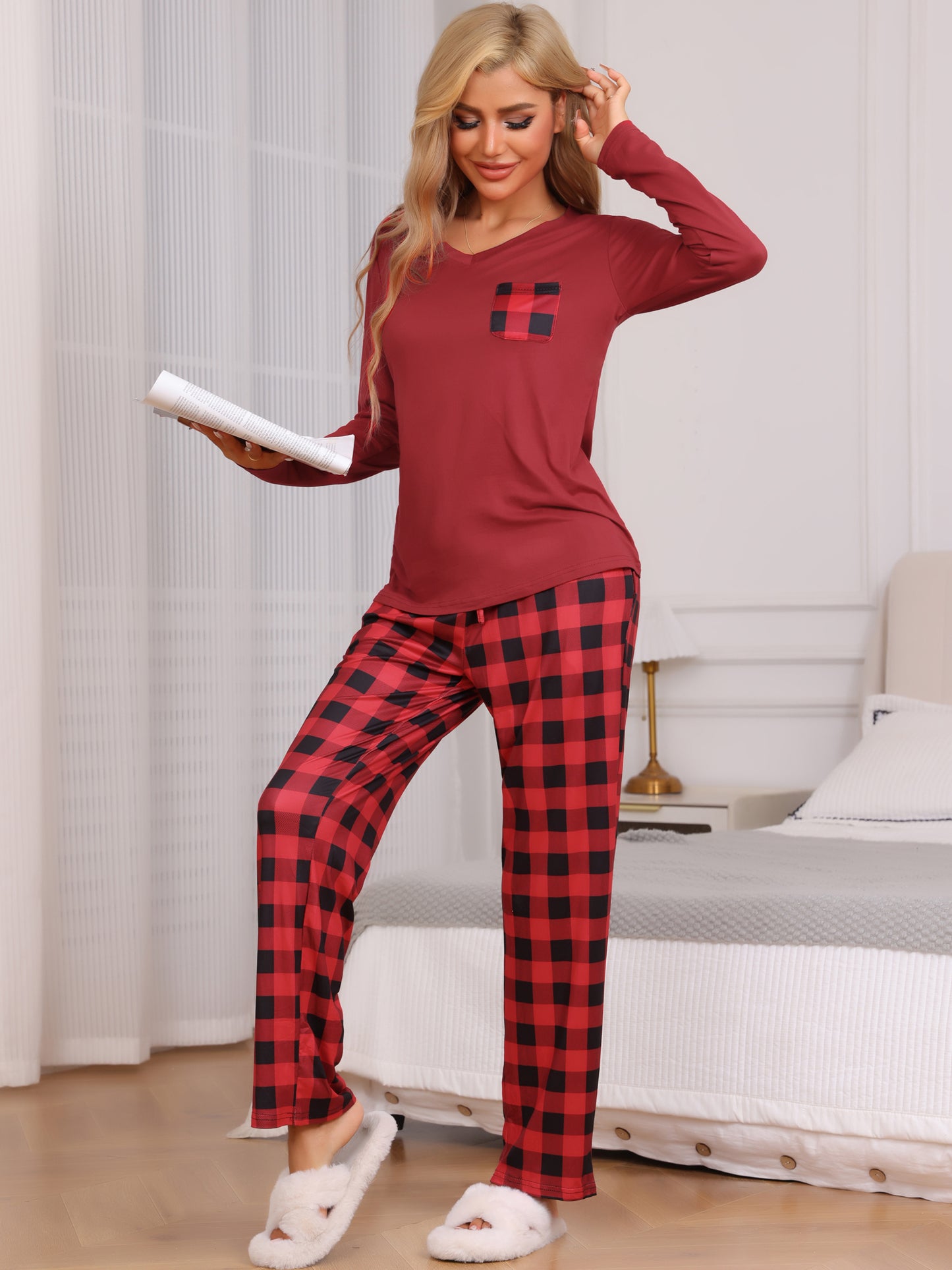 Ensemble pyjama à manches longues et carreaux pour femme, avec poches