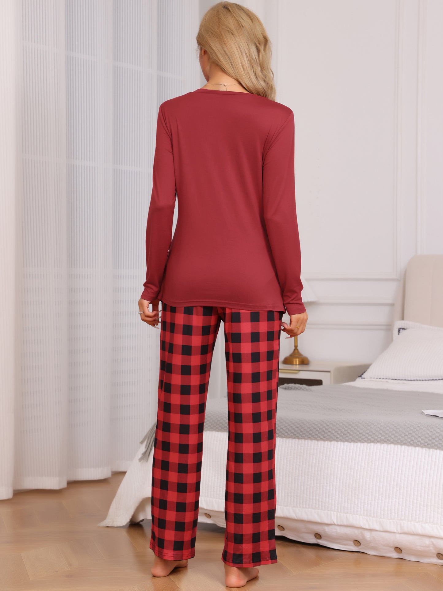 Ensemble pyjama à manches longues et carreaux pour femme, avec poches