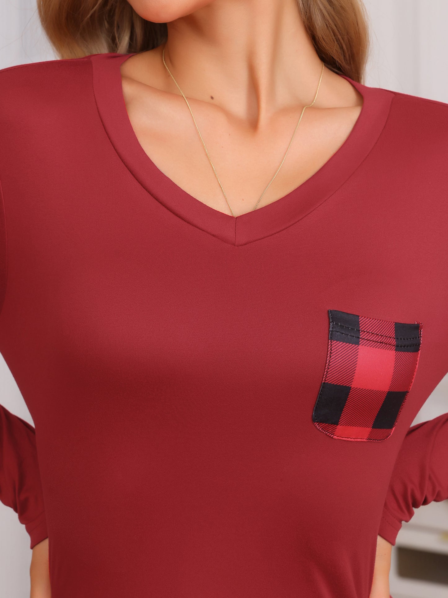 Ensemble pyjama à manches longues et carreaux pour femme, avec poches