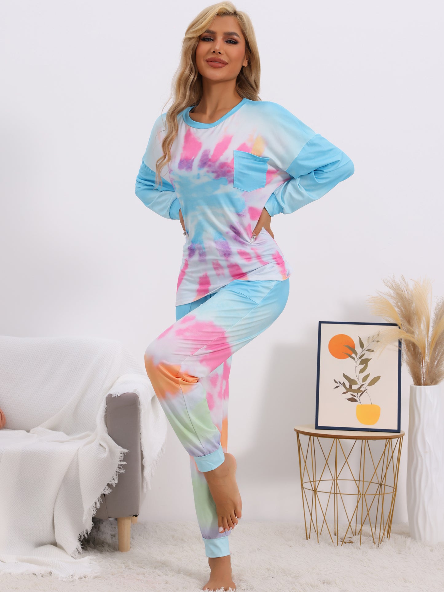 Women's Pajamas Cotton Tie Dye Long Sleeve Round Neck Front Pocket Drawstring Long Pants Loungewear Pjs Set
