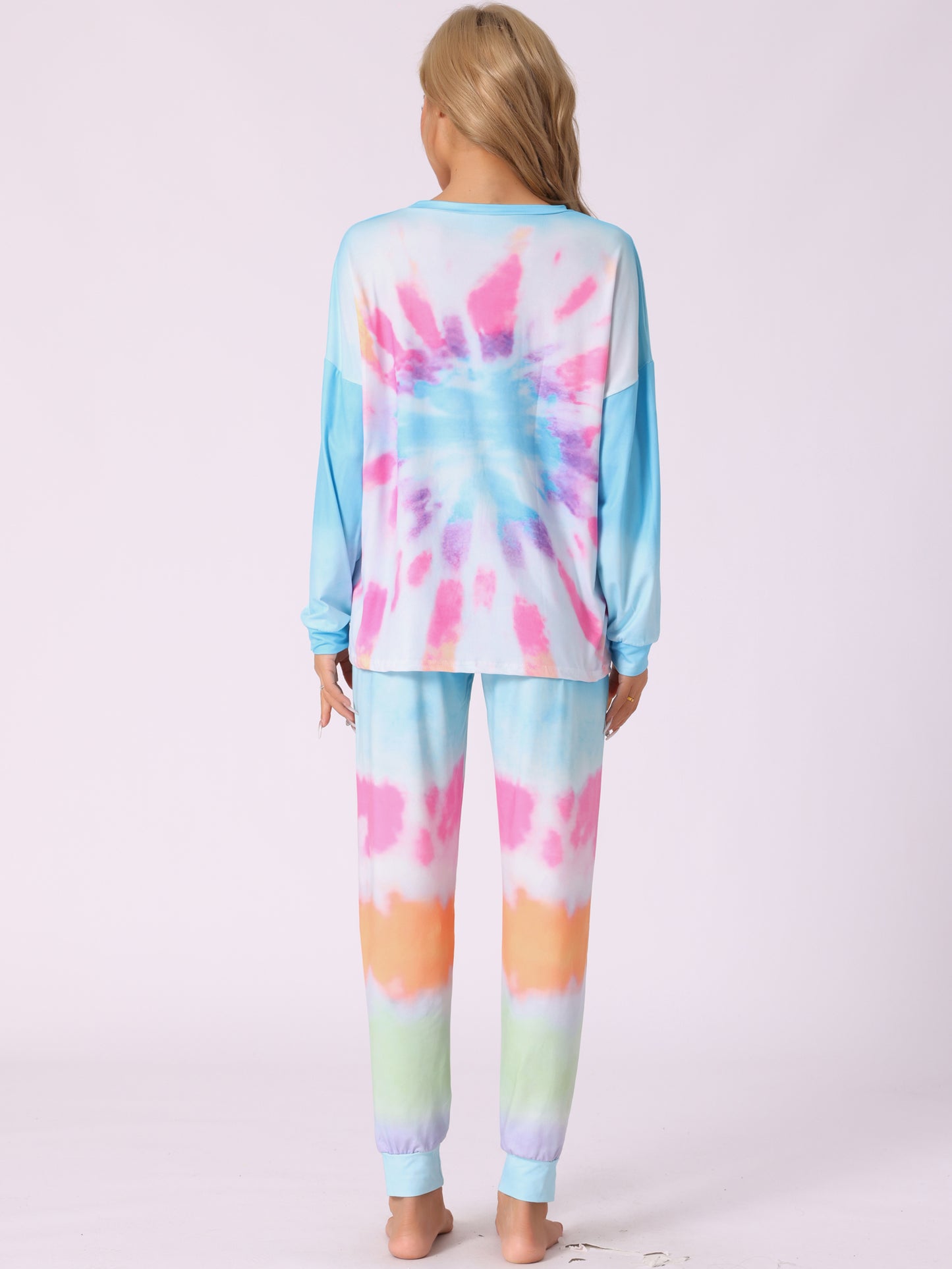 Women's Pajamas Cotton Tie Dye Long Sleeve Round Neck Front Pocket Drawstring Long Pants Loungewear Pjs Set