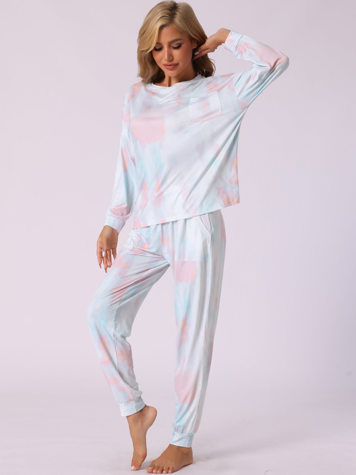 Women's Pajamas Cotton Tie Dye Long Sleeve Round Neck Front Pocket Drawstring Long Pants Loungewear Pjs Set
