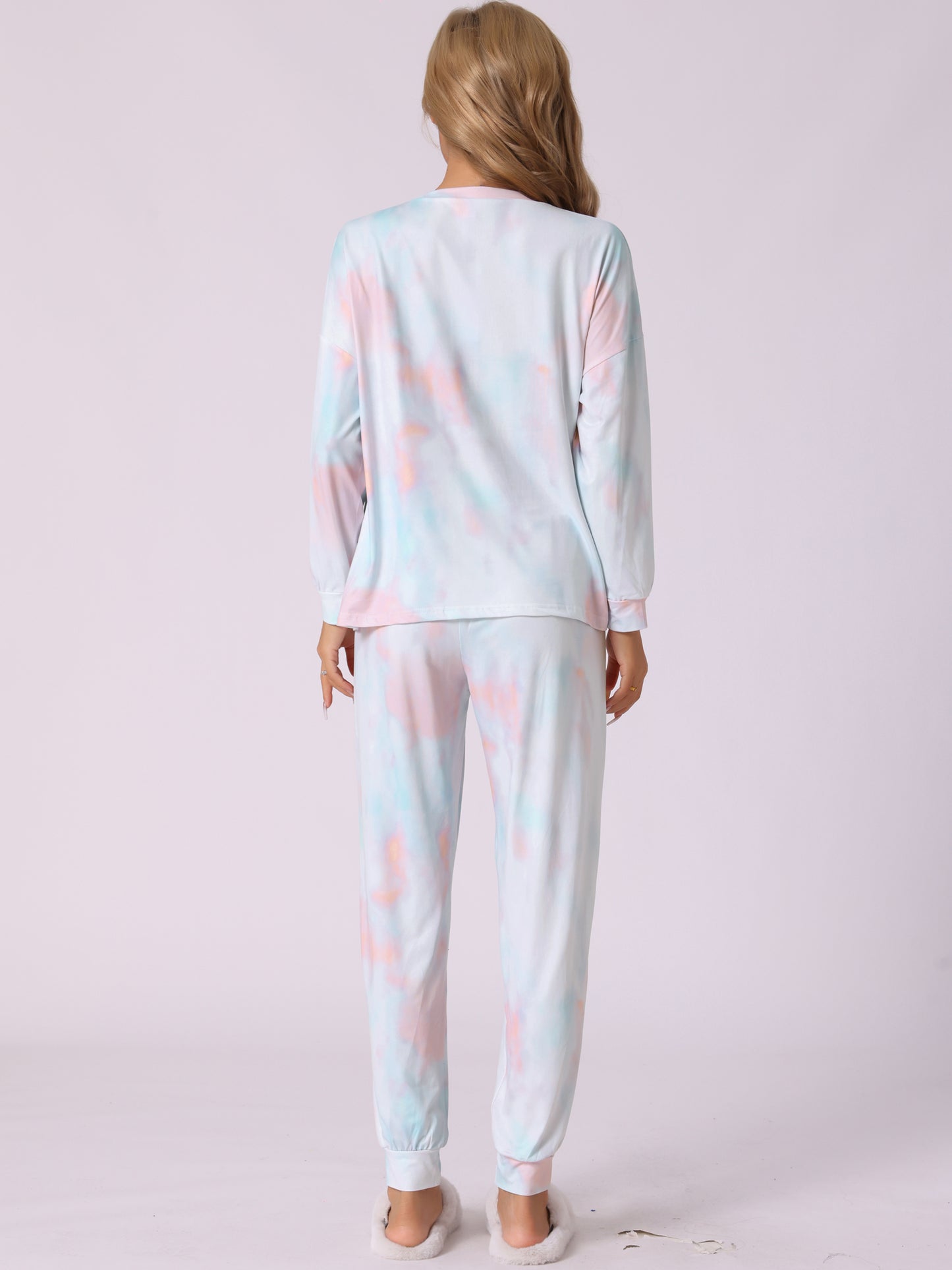 Women's Pajamas Cotton Tie Dye Long Sleeve Round Neck Front Pocket Drawstring Long Pants Loungewear Pjs Set