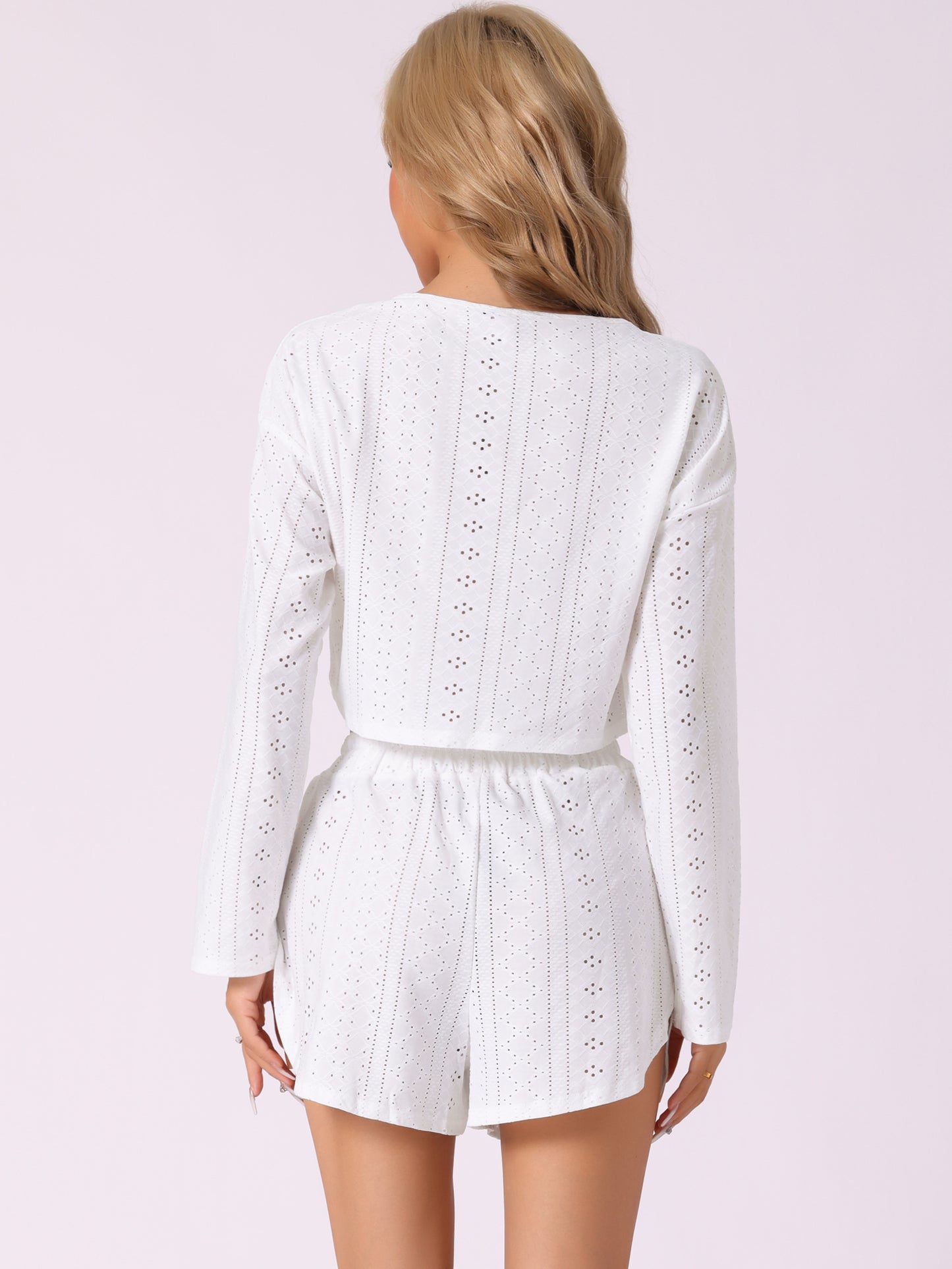 Pyjama d'intérieur pour femme, haut à manches longues ajouré et short fendu