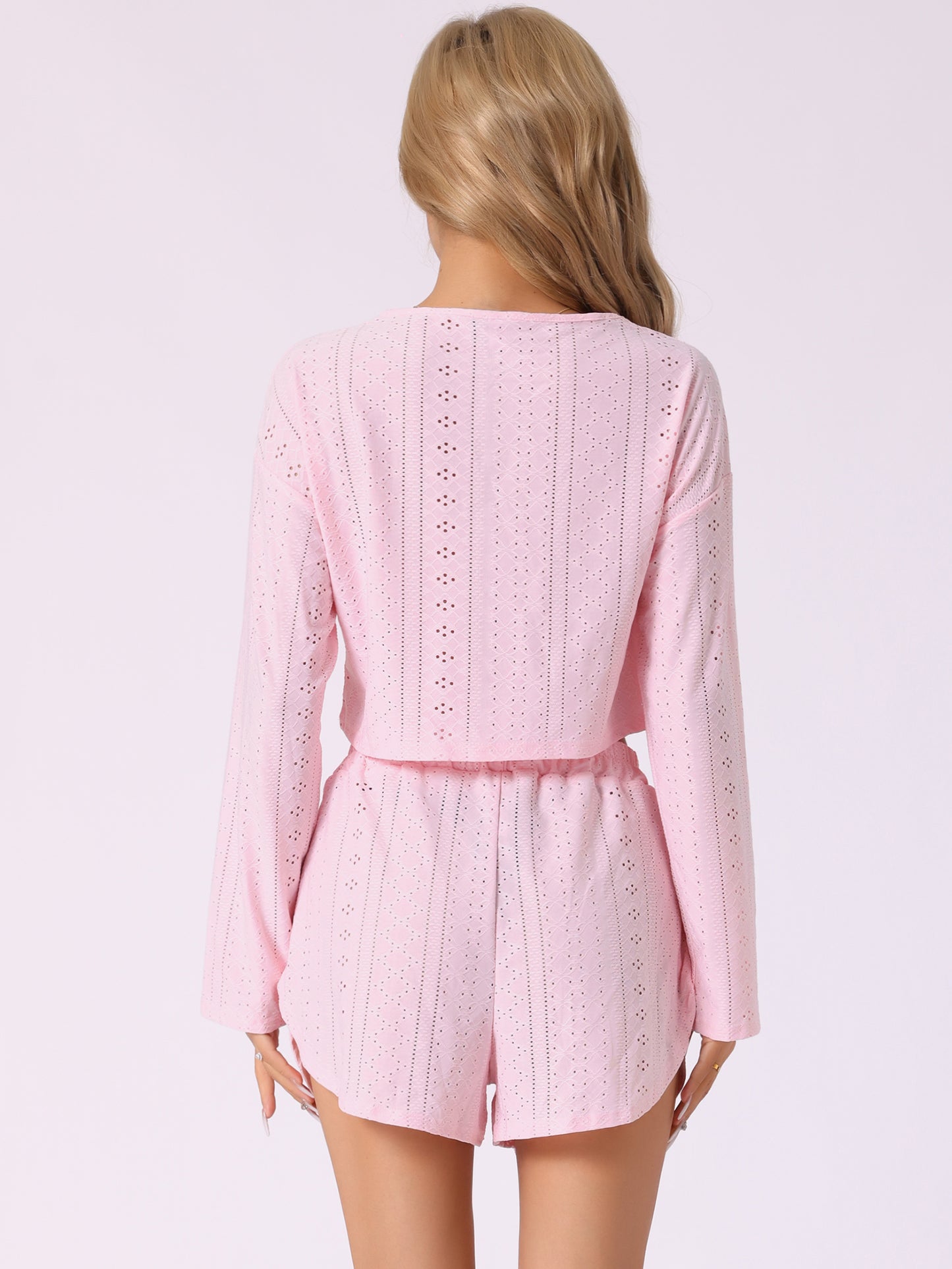 Women's Loungewear Pajamas Hollow Out Long Sleeve Tops with Slit Shorts Set