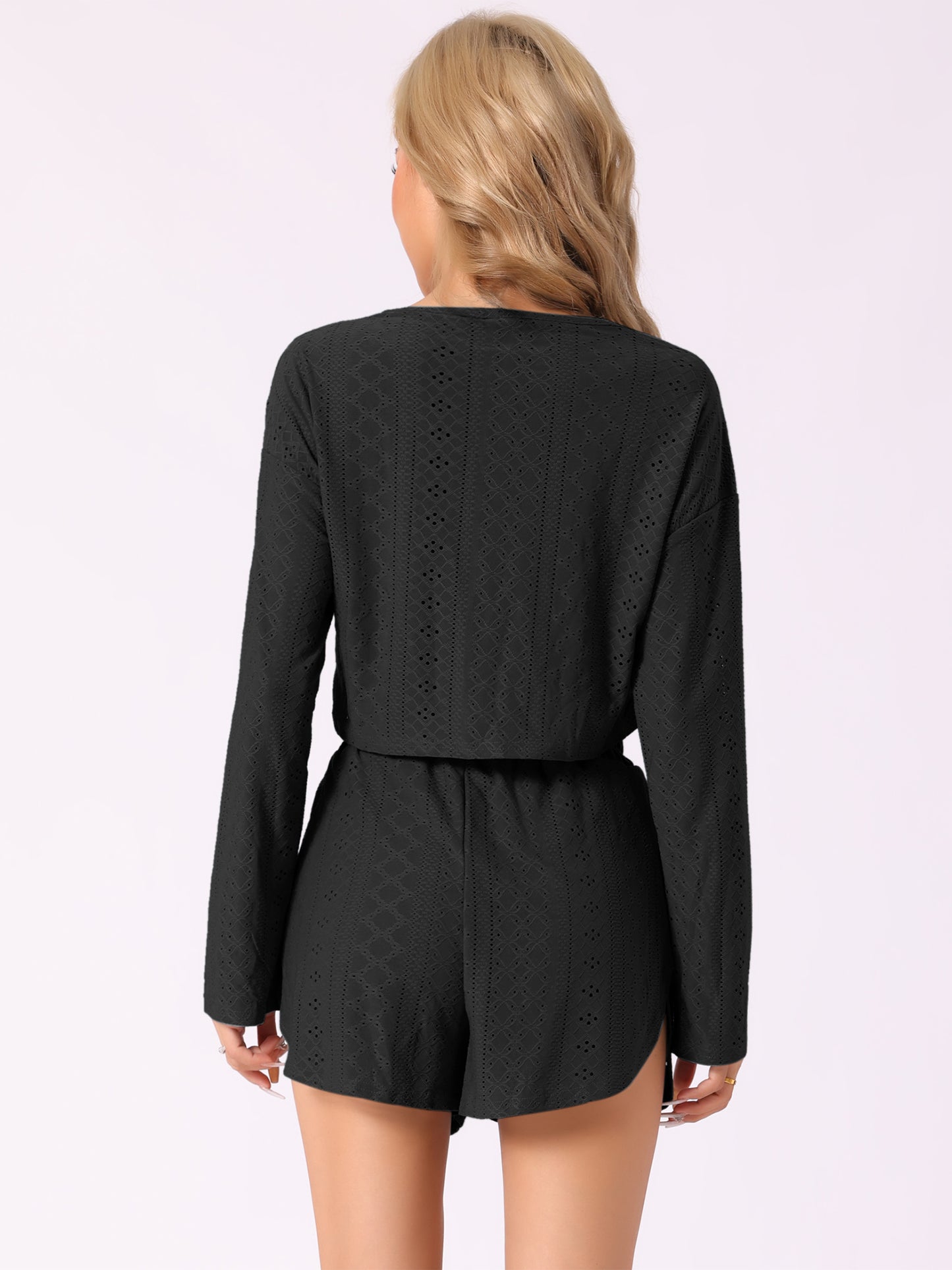 Women's Loungewear Pajamas Hollow Out Long Sleeve Tops with Slit Shorts Set