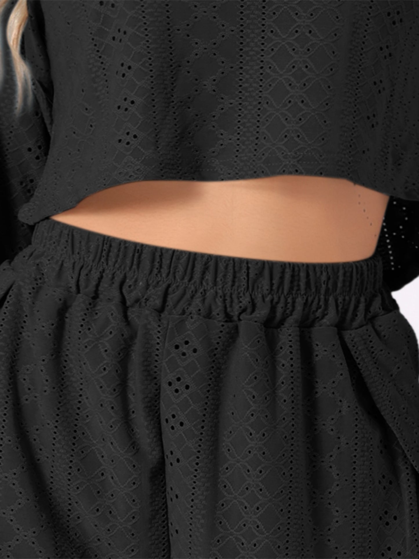 Women's Loungewear Pajamas Hollow Out Long Sleeve Tops with Slit Shorts Set