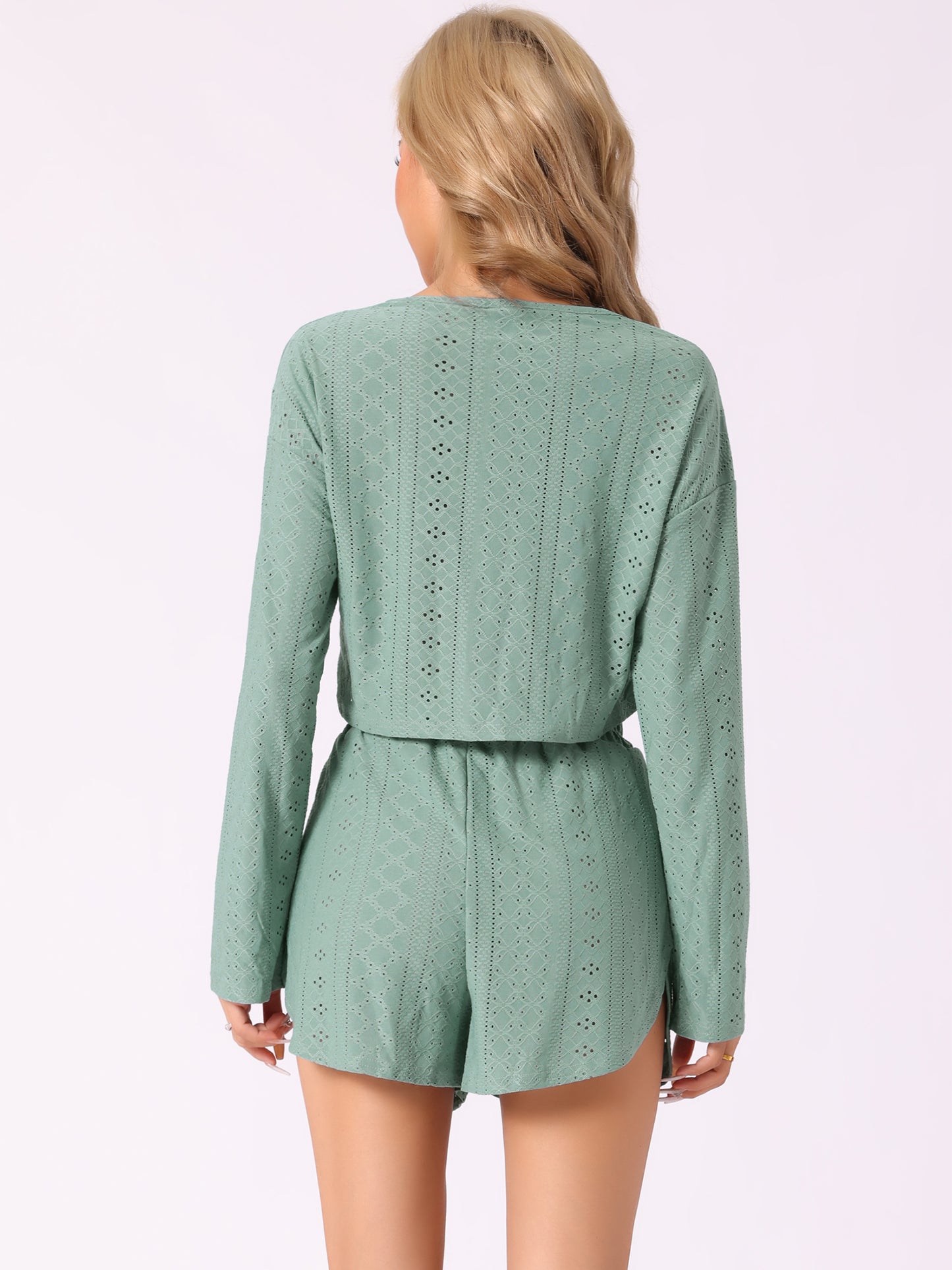 Women's Loungewear Pajamas Hollow Out Long Sleeve Tops with Slit Shorts Set