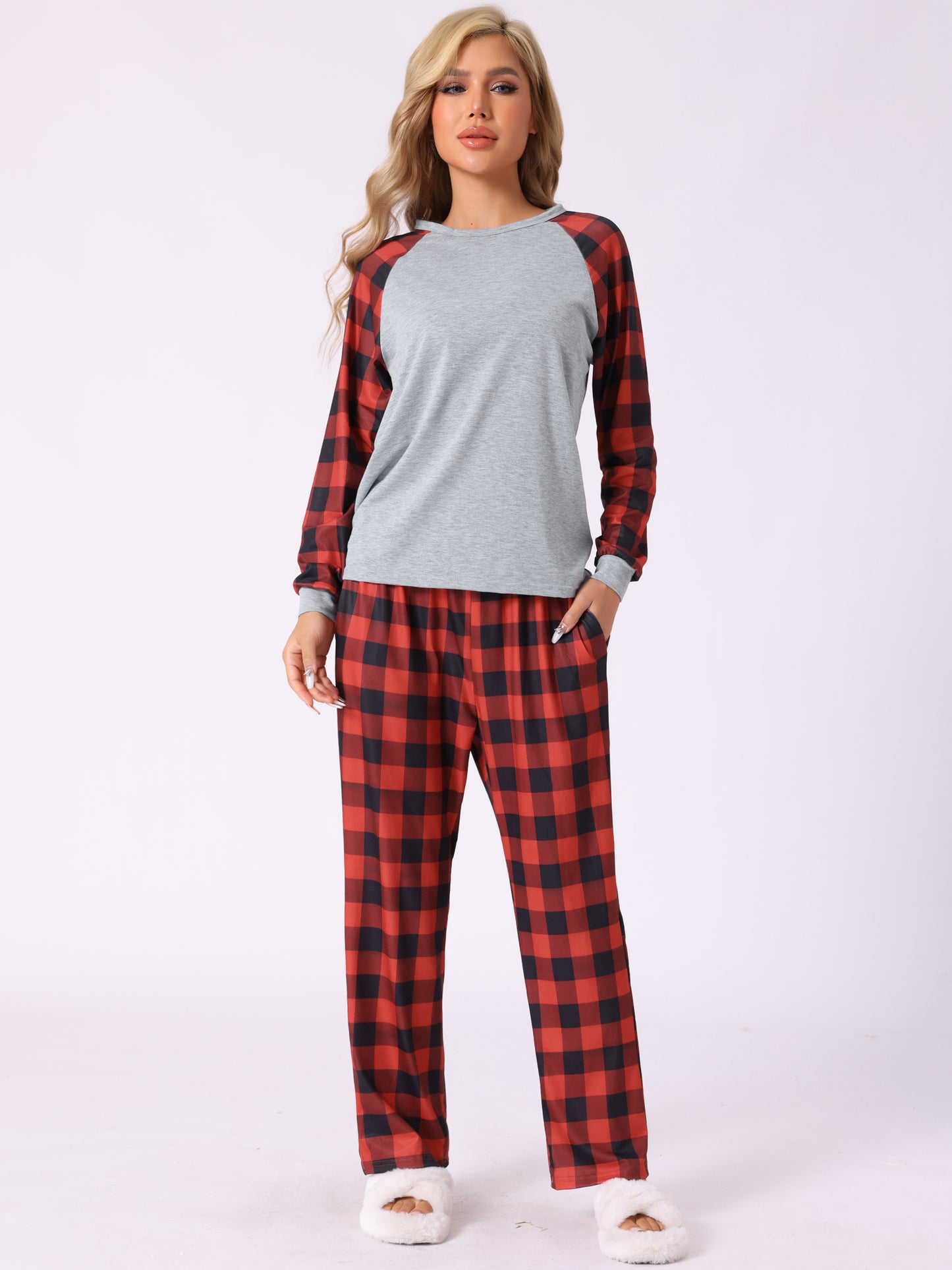 Women's Christmas Family Pajama Set Red Black Plaid Print and Solid Color Combination Long Sleeve Top Matching Pants