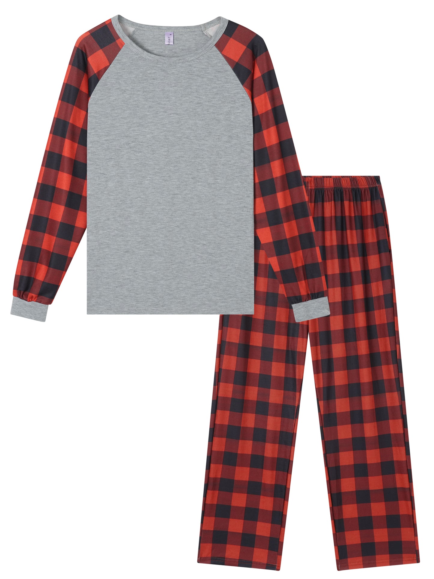 Men's Christmas Family Pajama Set Red Black Plaid Print and Solid Color Combination Long Sleeve Top Matching Pants