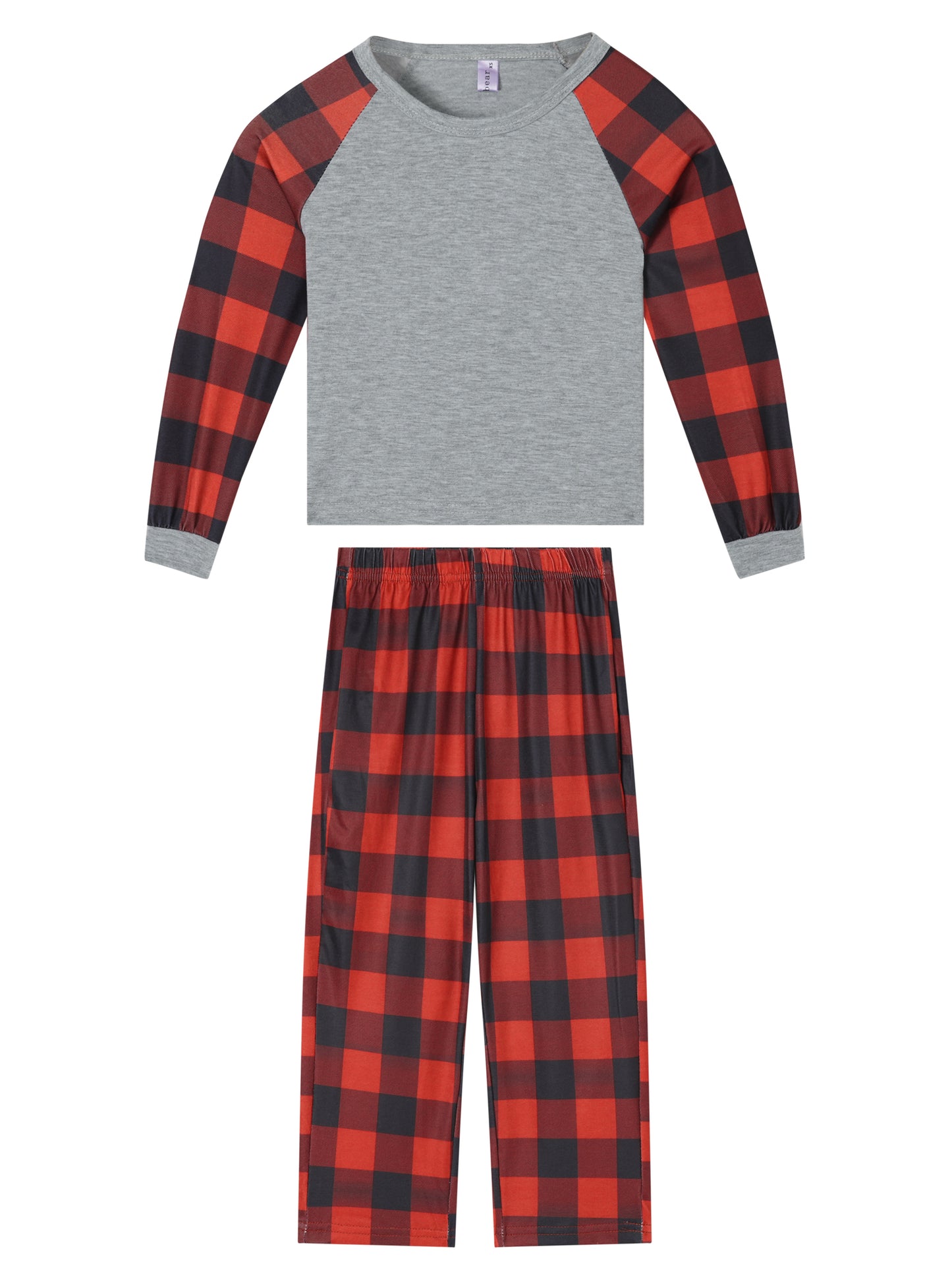 Kid's Christmas Family Pajama Set Red Black Plaid Print and Solid Color Combination Long Sleeve Top Matching Pants