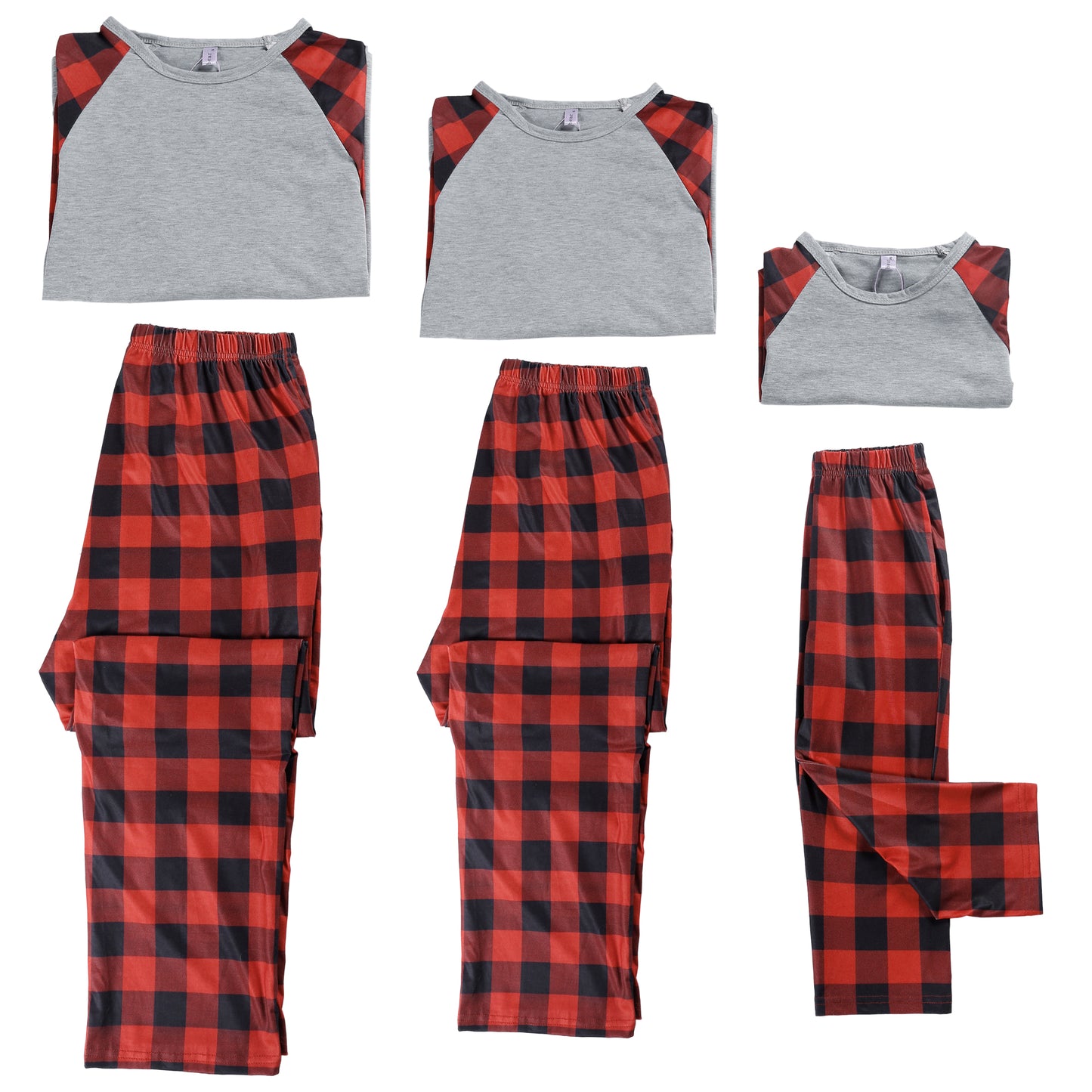 Kid's Christmas Family Pajama Set Red Black Plaid Print and Solid Color Combination Long Sleeve Top Matching Pants